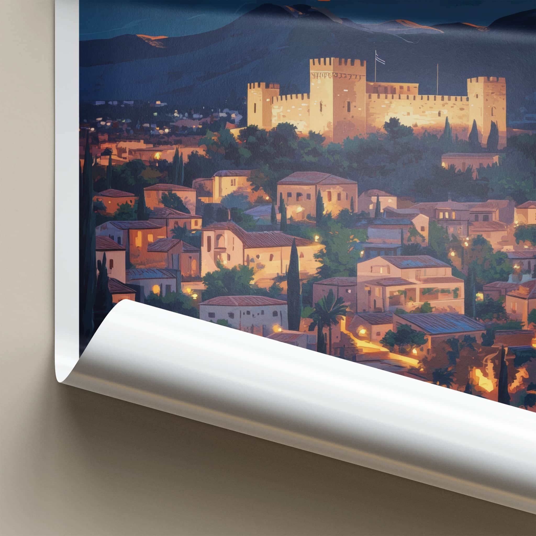 Kalamata Poster - Greece Travel Art - Illuminated castle city Home Decor