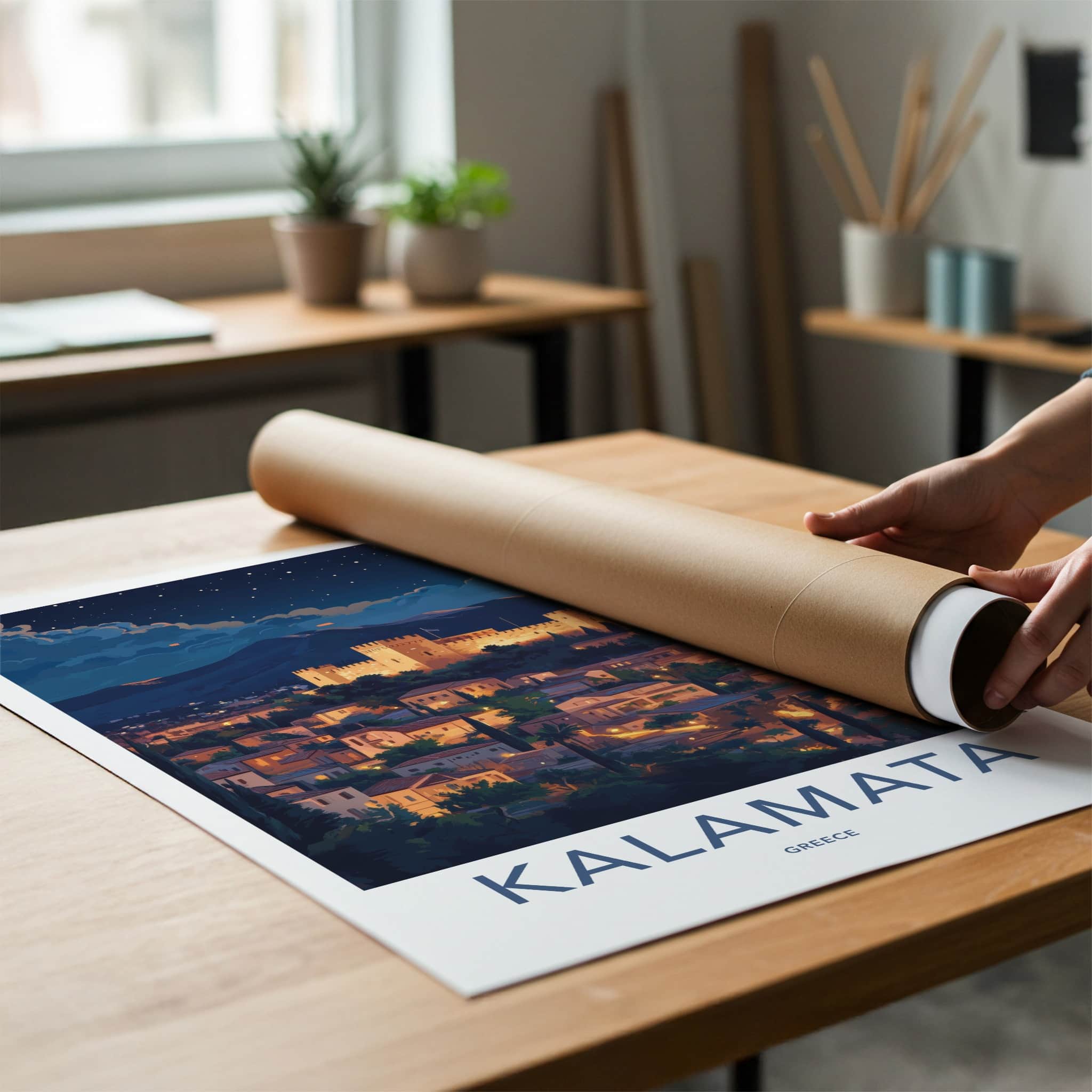 Kalamata Poster - Greece Travel Art - Illuminated castle city Home Decor