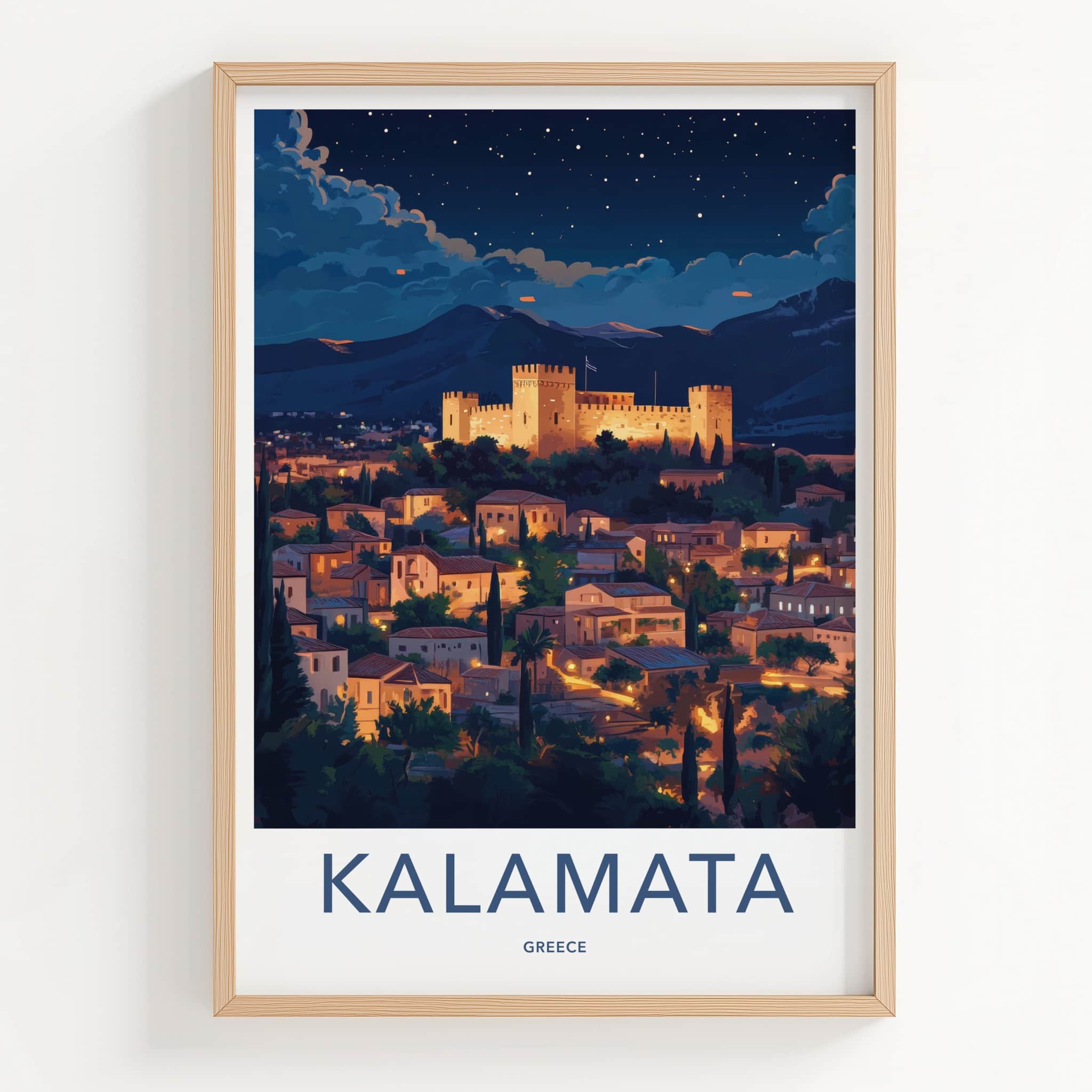 Kalamata Poster - Greece Travel Art - Illuminated castle city Home Decor