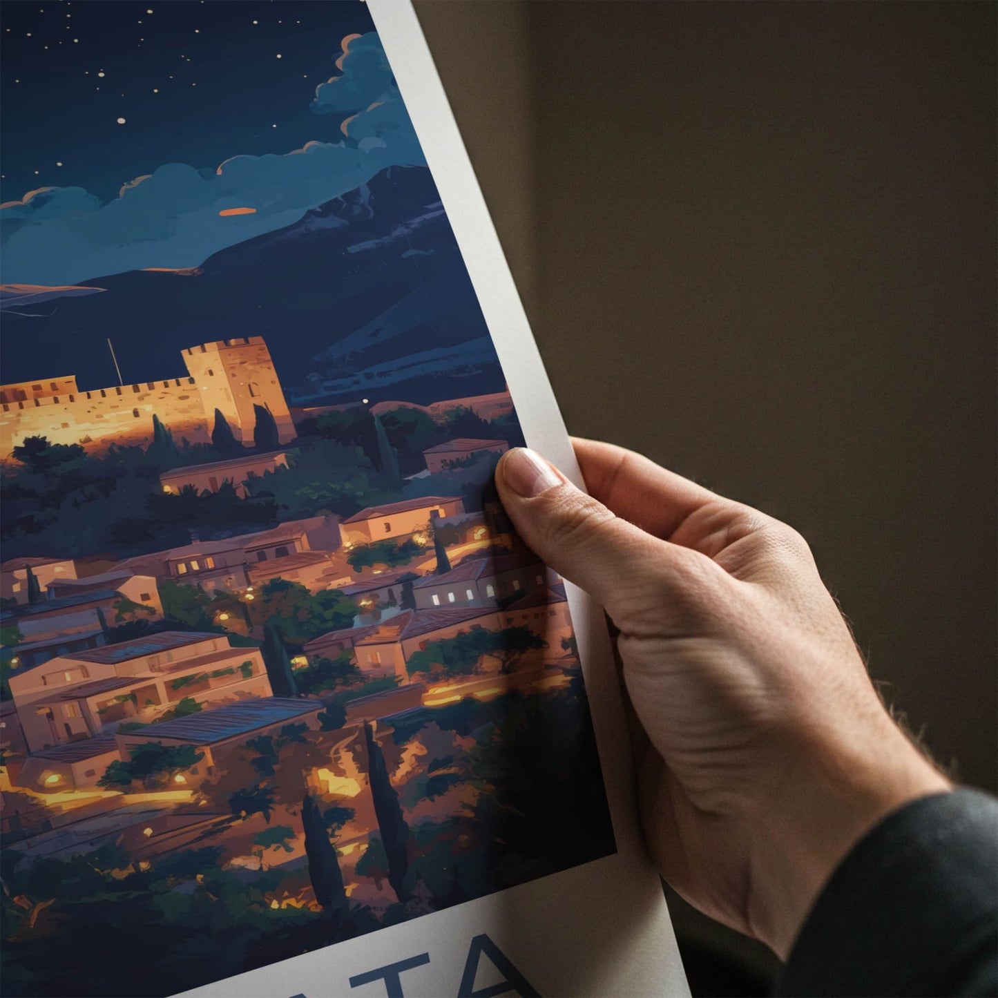 Kalamata Poster - Greece Travel Art - Illuminated castle city Home Decor