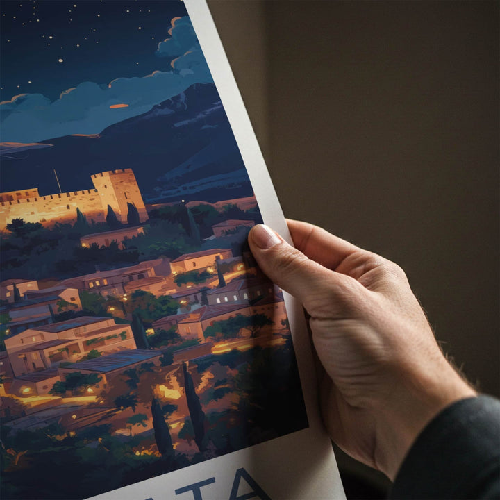 Kalamata Poster - Greece Travel Art - Illuminated castle city Home Decor