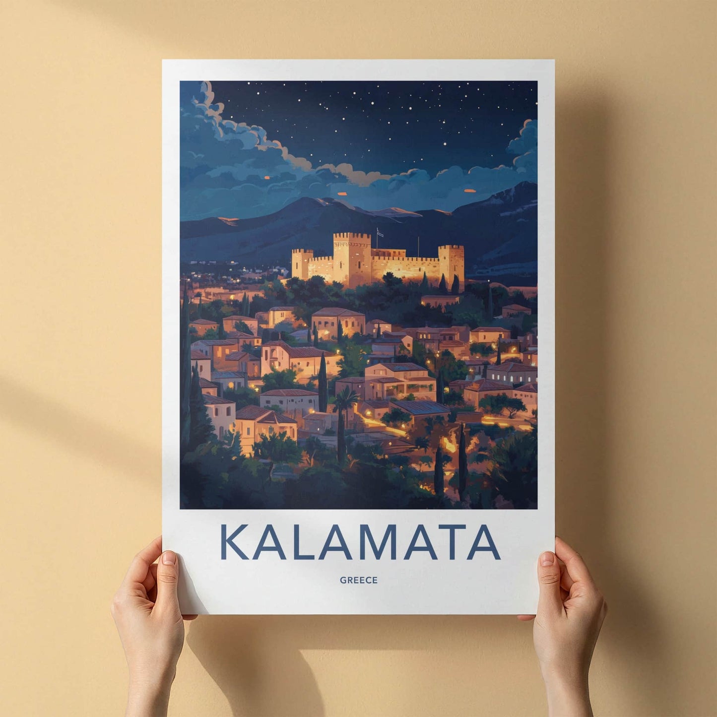 Kalamata Poster - Greece Travel Art - Illuminated castle city Home Decor