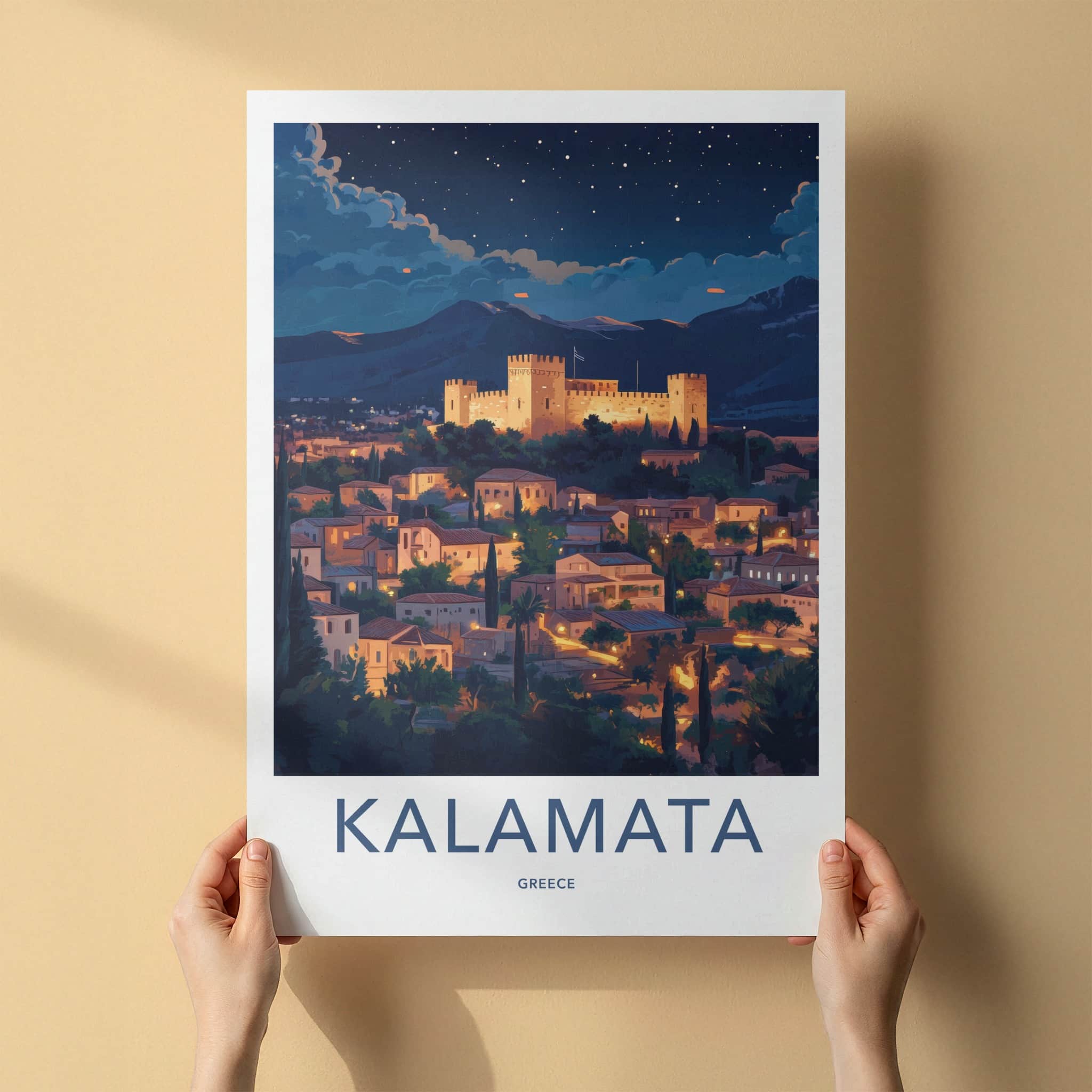 Kalamata Poster - Greece Travel Art - Illuminated castle city Home Decor