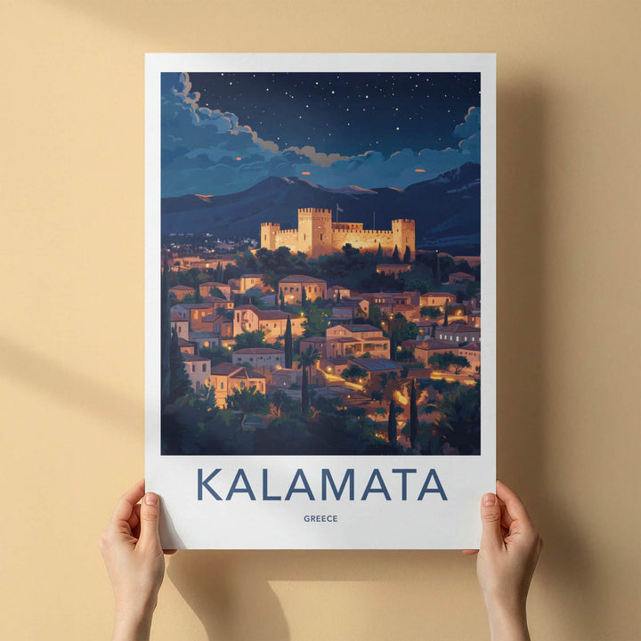 Kalamata Poster - Greece Travel Art - Illuminated castle city Home Decor