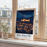 Kalamata Poster - Greece Travel Art - Illuminated castle city Home Decor