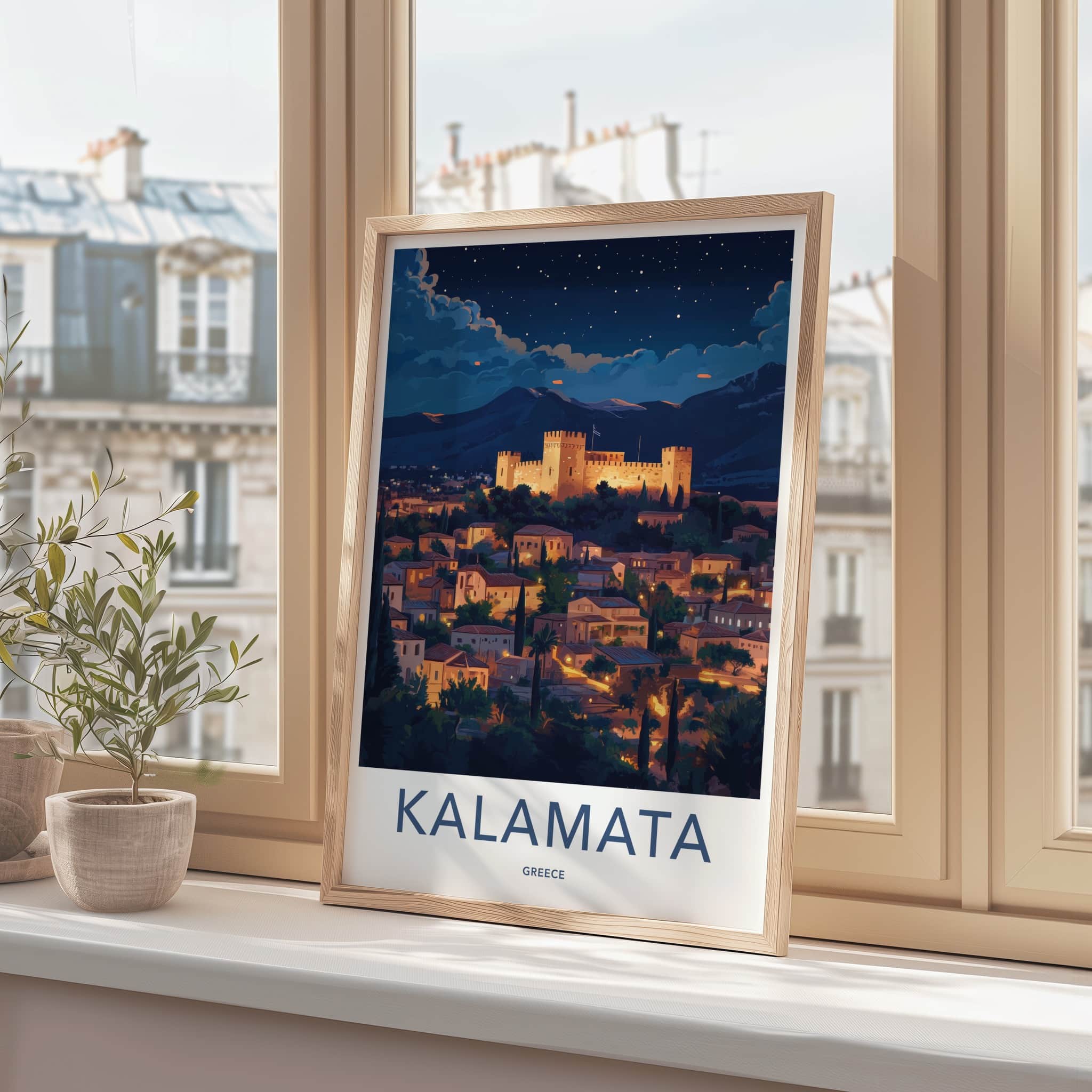 Kalamata Poster - Greece Travel Art - Illuminated castle city Home Decor