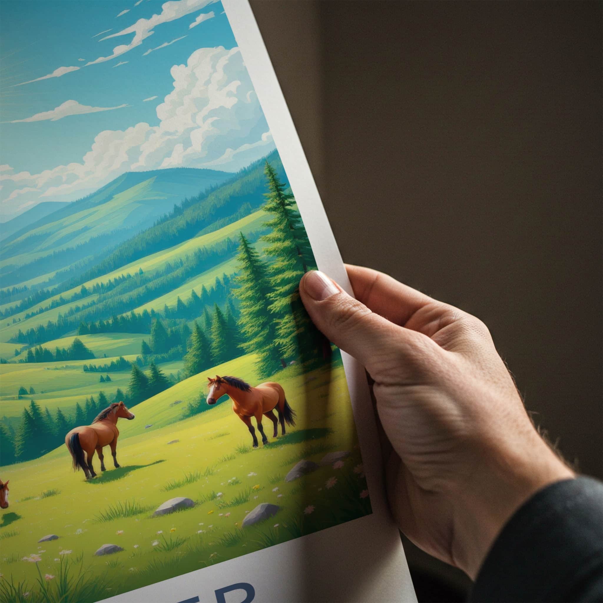 Kalofen Poster - Bulgaria Travel Art - Grazing Horses Mountains Home Decor