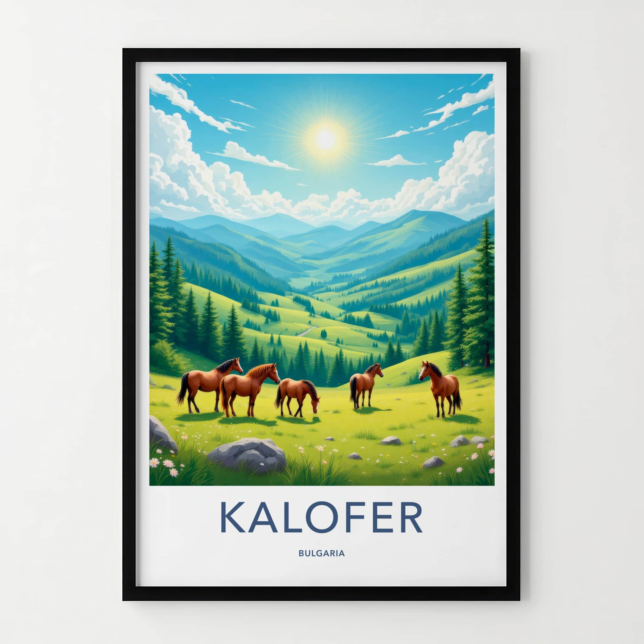 Kalofen Poster - Bulgaria Travel Art - Grazing Horses Mountains Home Decor