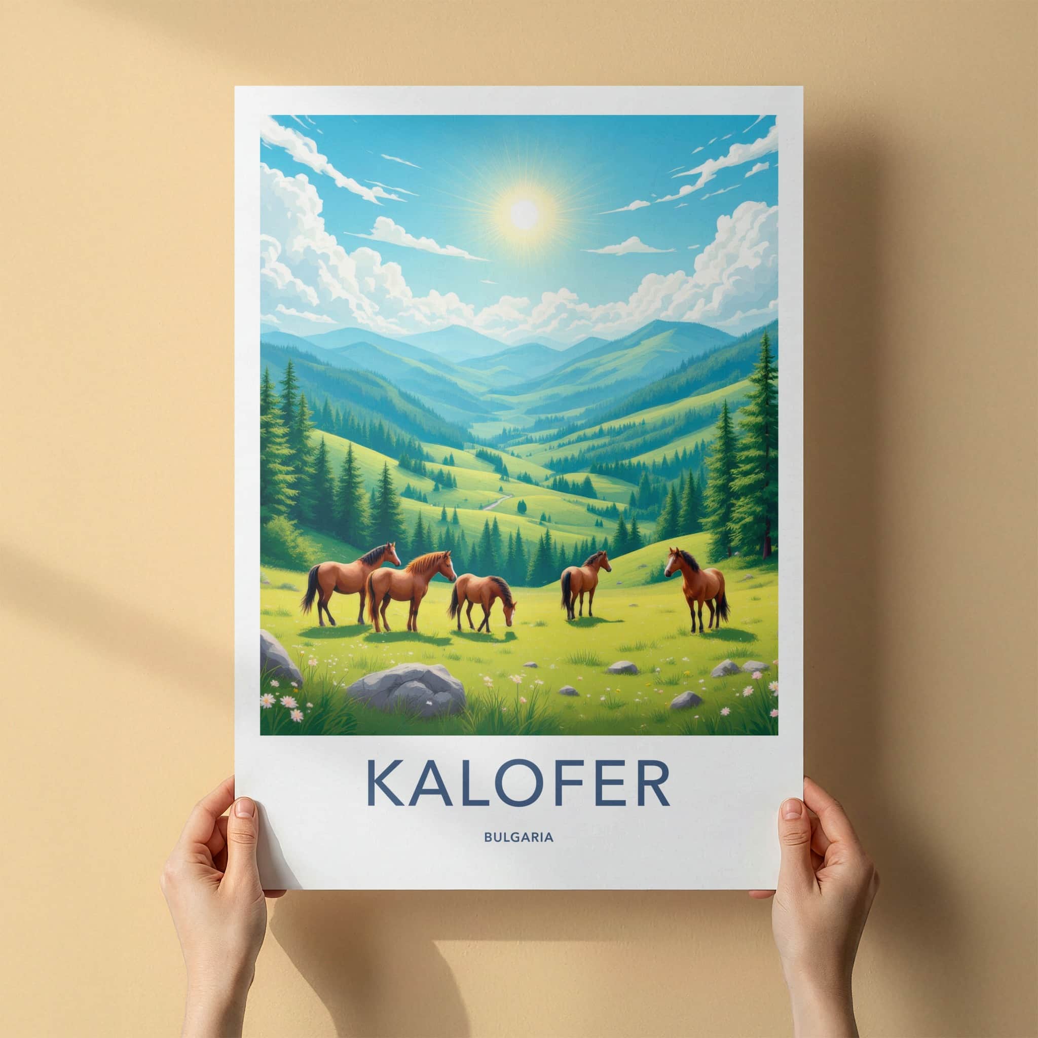 Kalofen Poster - Bulgaria Travel Art - Grazing Horses Mountains Home Decor