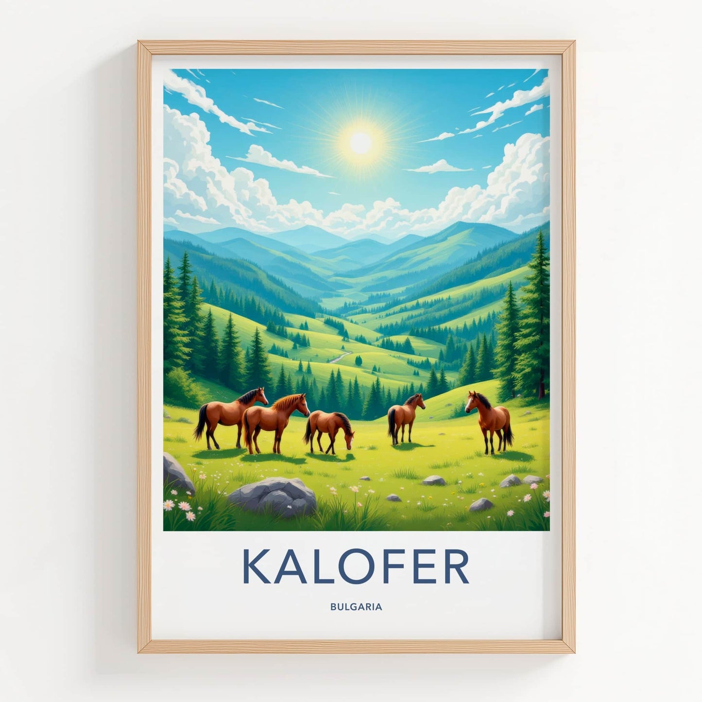 Kalofen Poster - Bulgaria Travel Art - Grazing Horses Mountains Home Decor