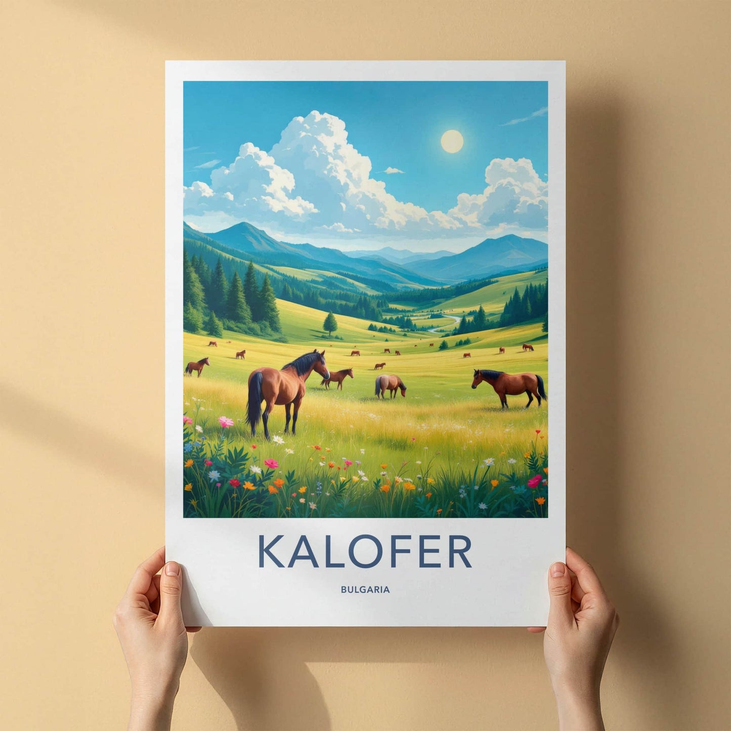 Kalofer Poster - Bulgaria Travel Art - Grazing Horses Mountains Home Decor