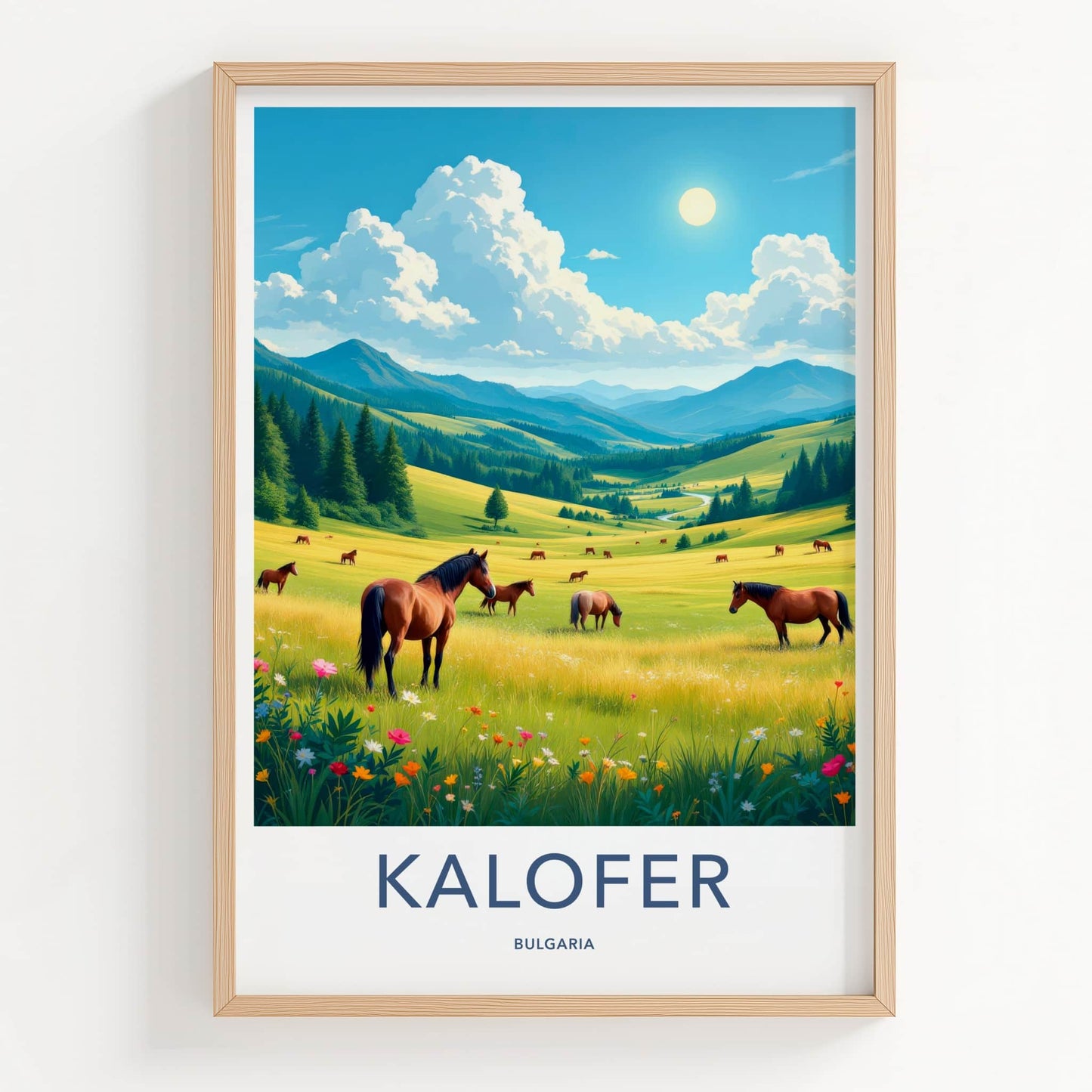 Kalofer Poster - Bulgaria Travel Art - Grazing Horses Mountains Home Decor