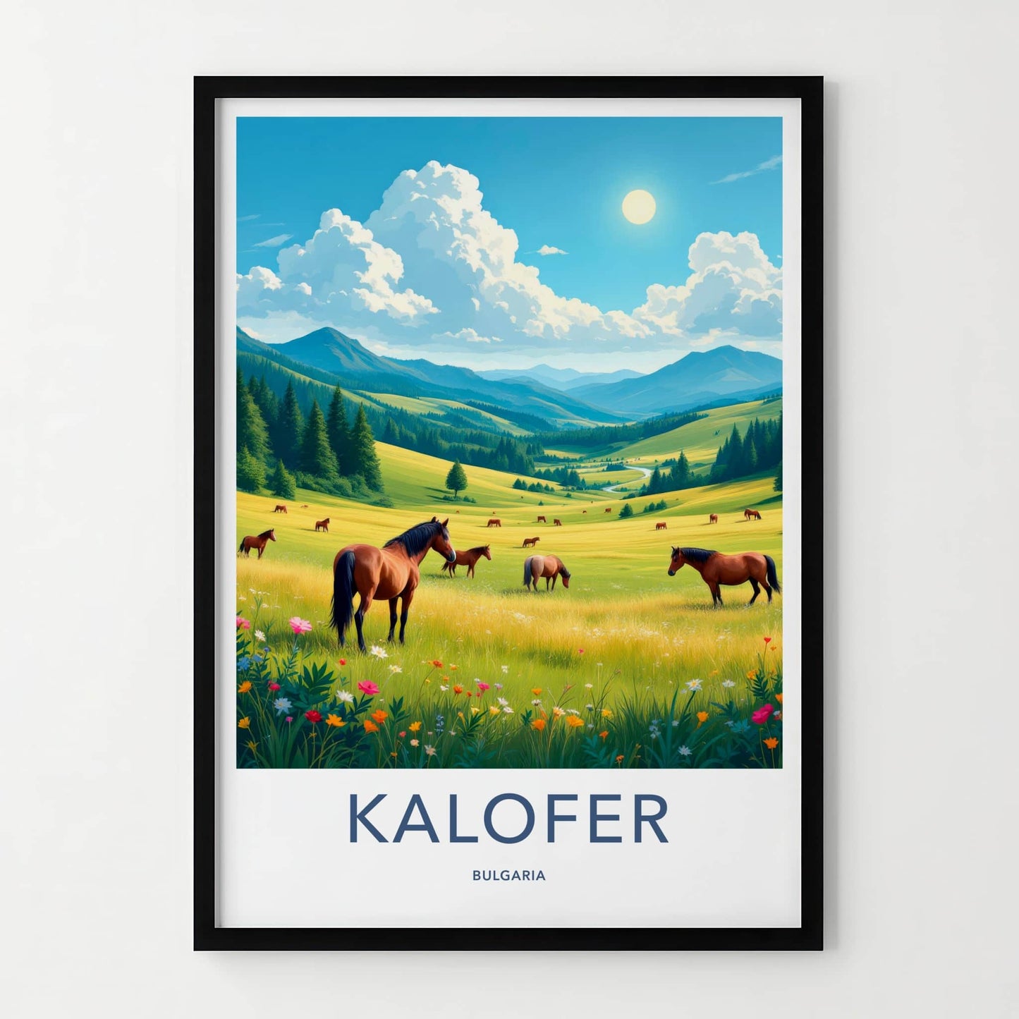 Kalofer Poster - Bulgaria Travel Art - Grazing Horses Mountains Home Decor