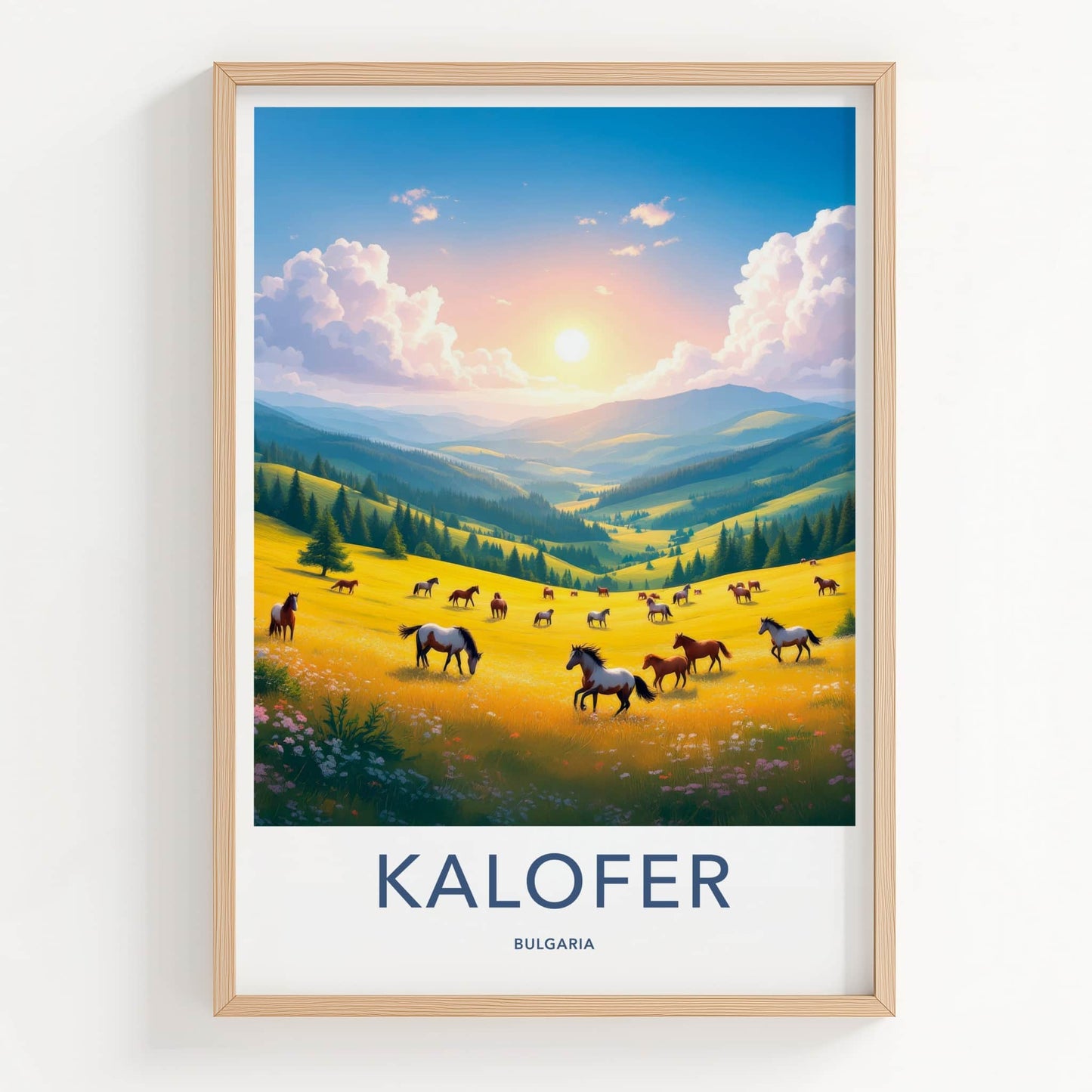 KALOFER Poster - Bulgaria Travel Art - Wild Horses Grazing Home Decor