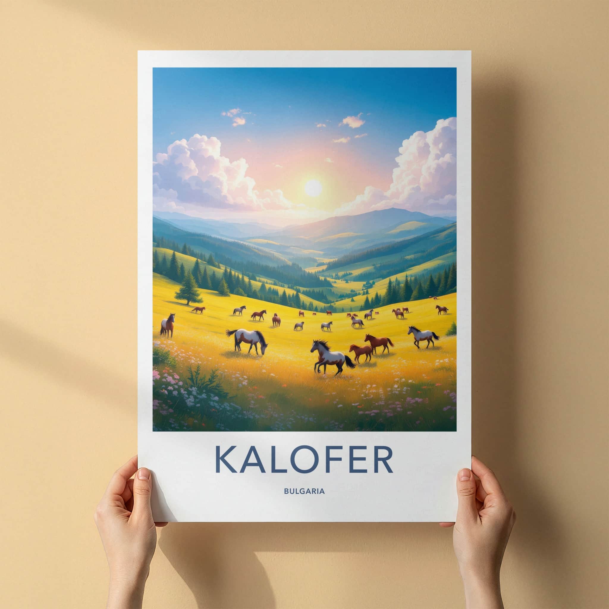 KALOFER Poster - Bulgaria Travel Art - Wild Horses Grazing Home Decor