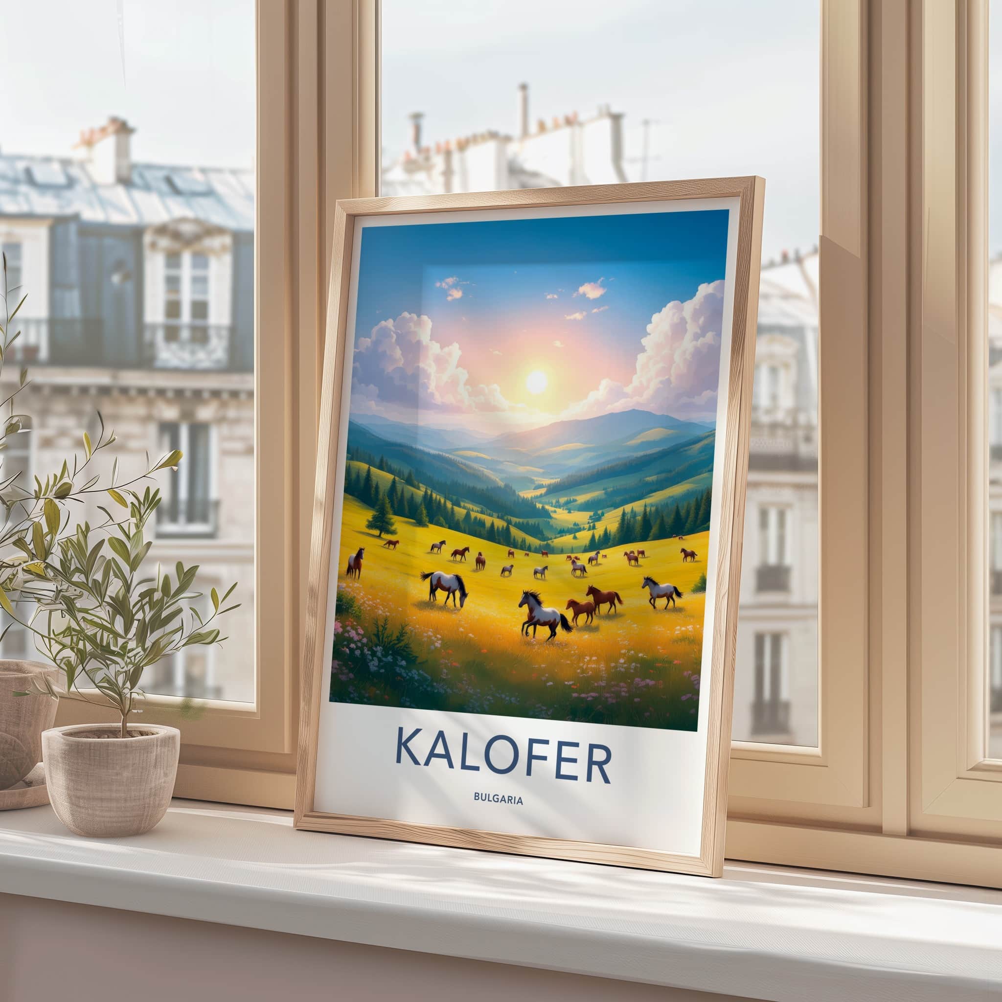 KALOFER Poster - Bulgaria Travel Art - Wild Horses Grazing Home Decor