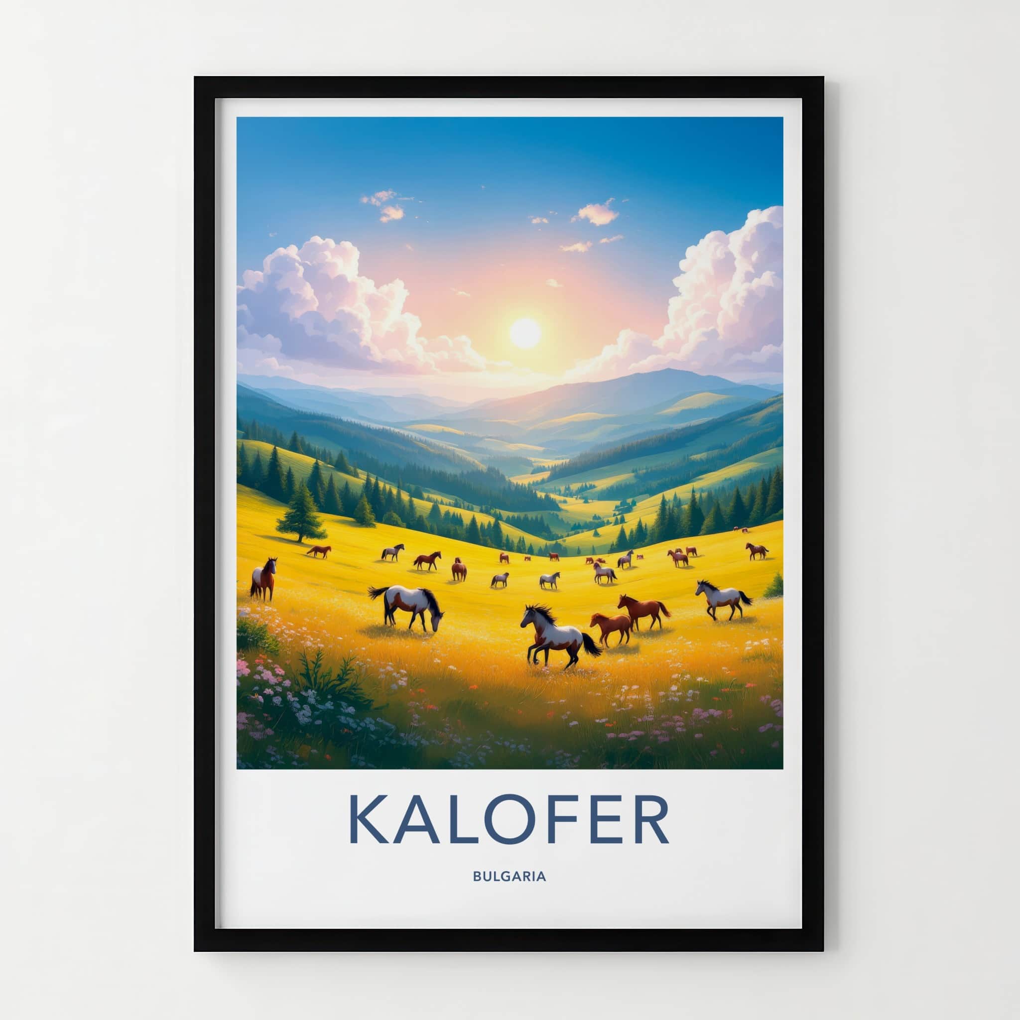KALOFER Poster - Bulgaria Travel Art - Wild Horses Grazing Home Decor