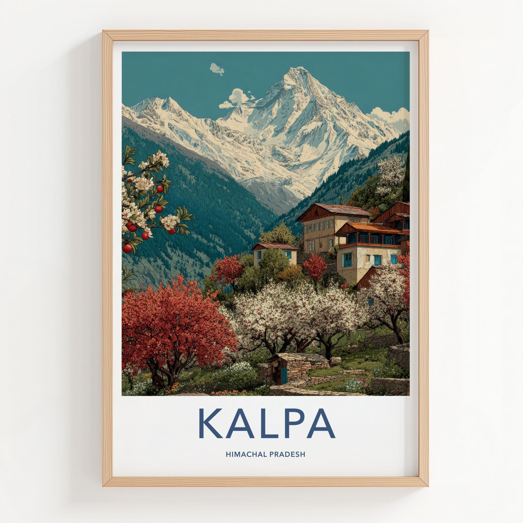 Kalpa Poster - India Travel Art - Himachal Pradesh Mountain Village Scene Wall Decor