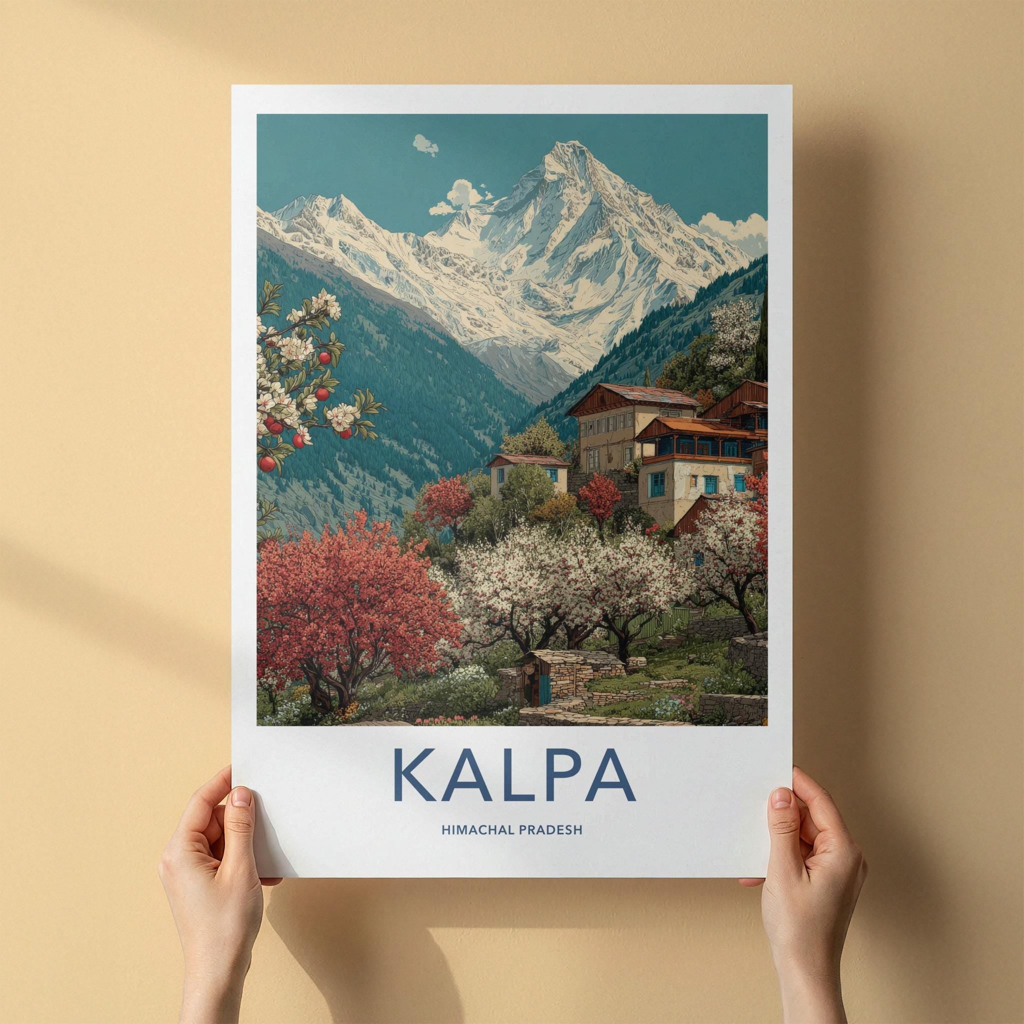 Kalpa Poster - India Travel Art - Himachal Pradesh Mountain Village Scene Wall Decor