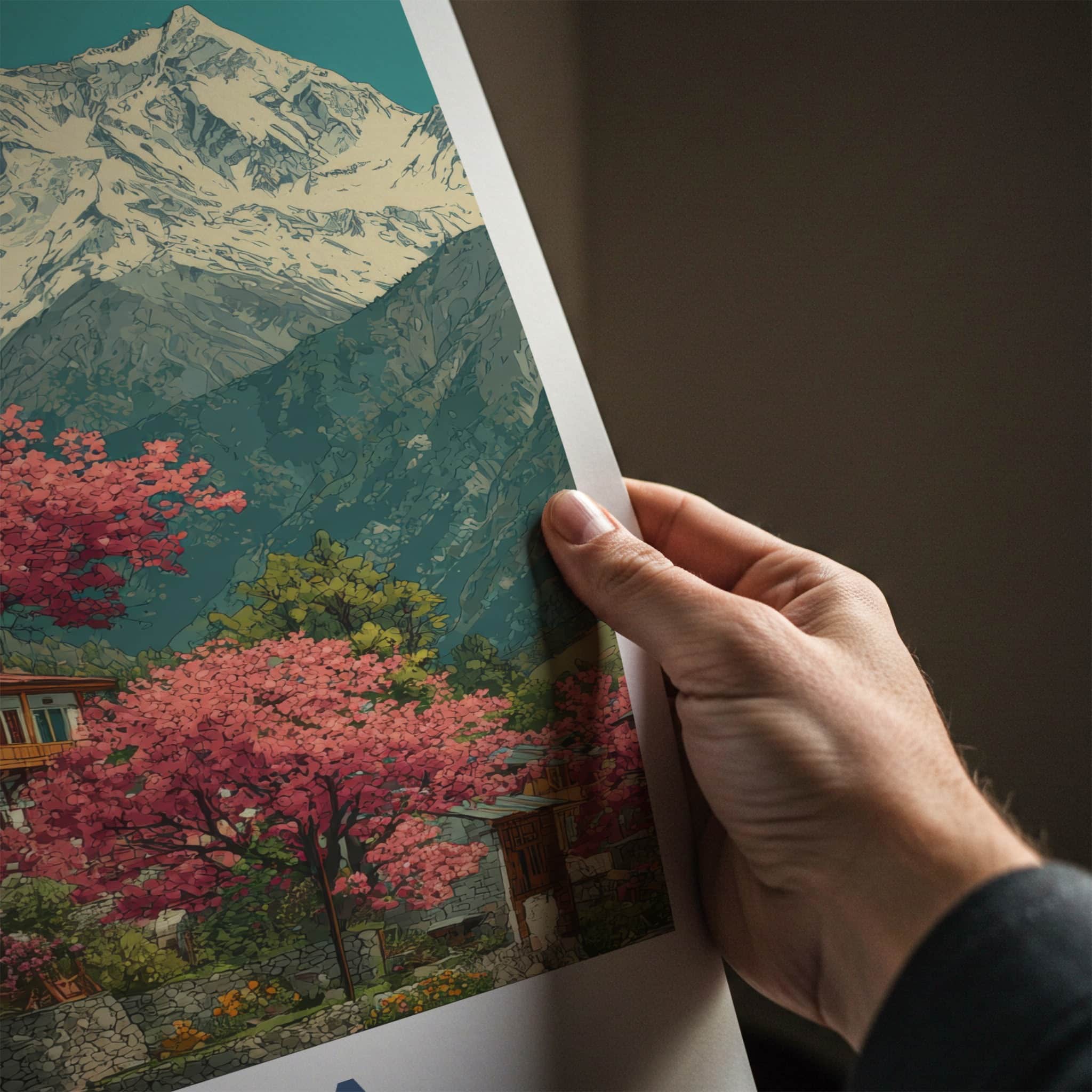 Kalpa Poster - India Travel Art - Himachal Pradesh Pink Trees Home Decor