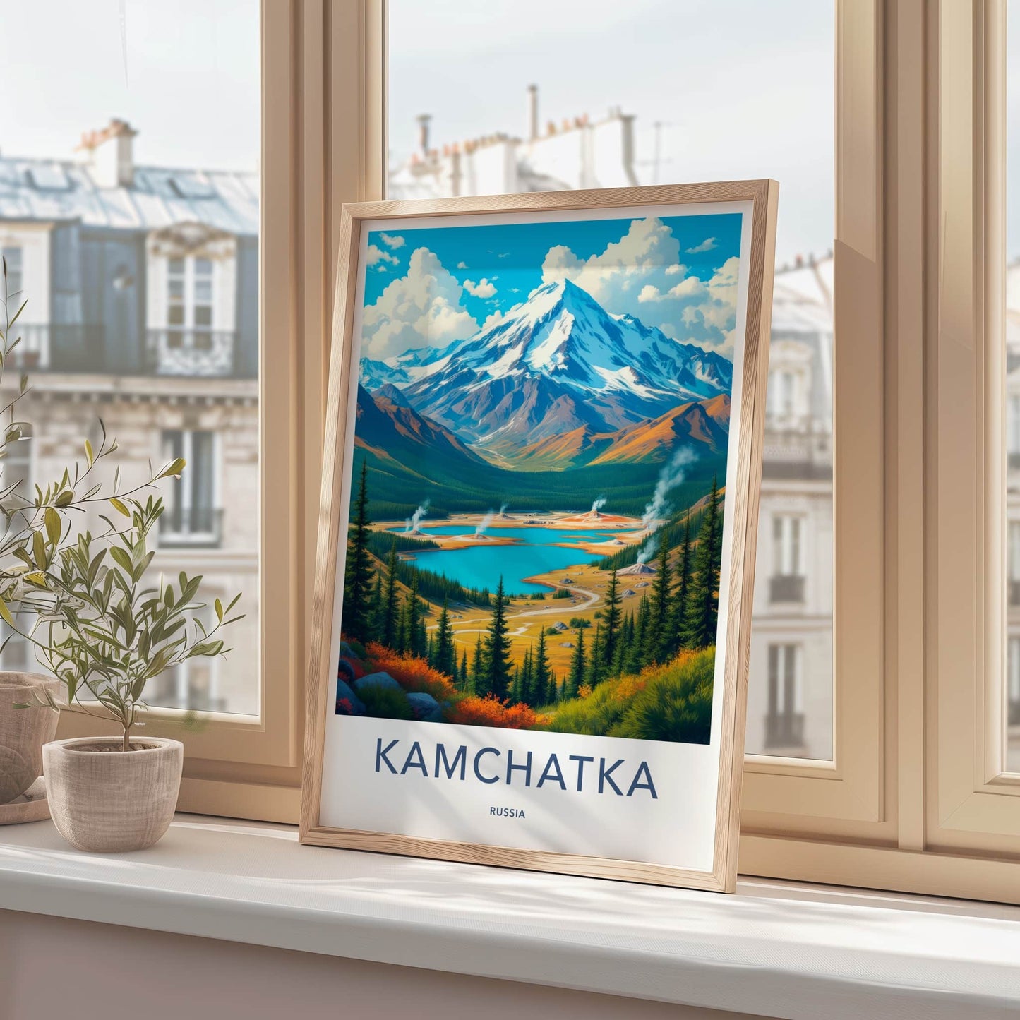 Kamchatka Poster - Russia Travel Art - Snowy Peak Geysers Home Decor