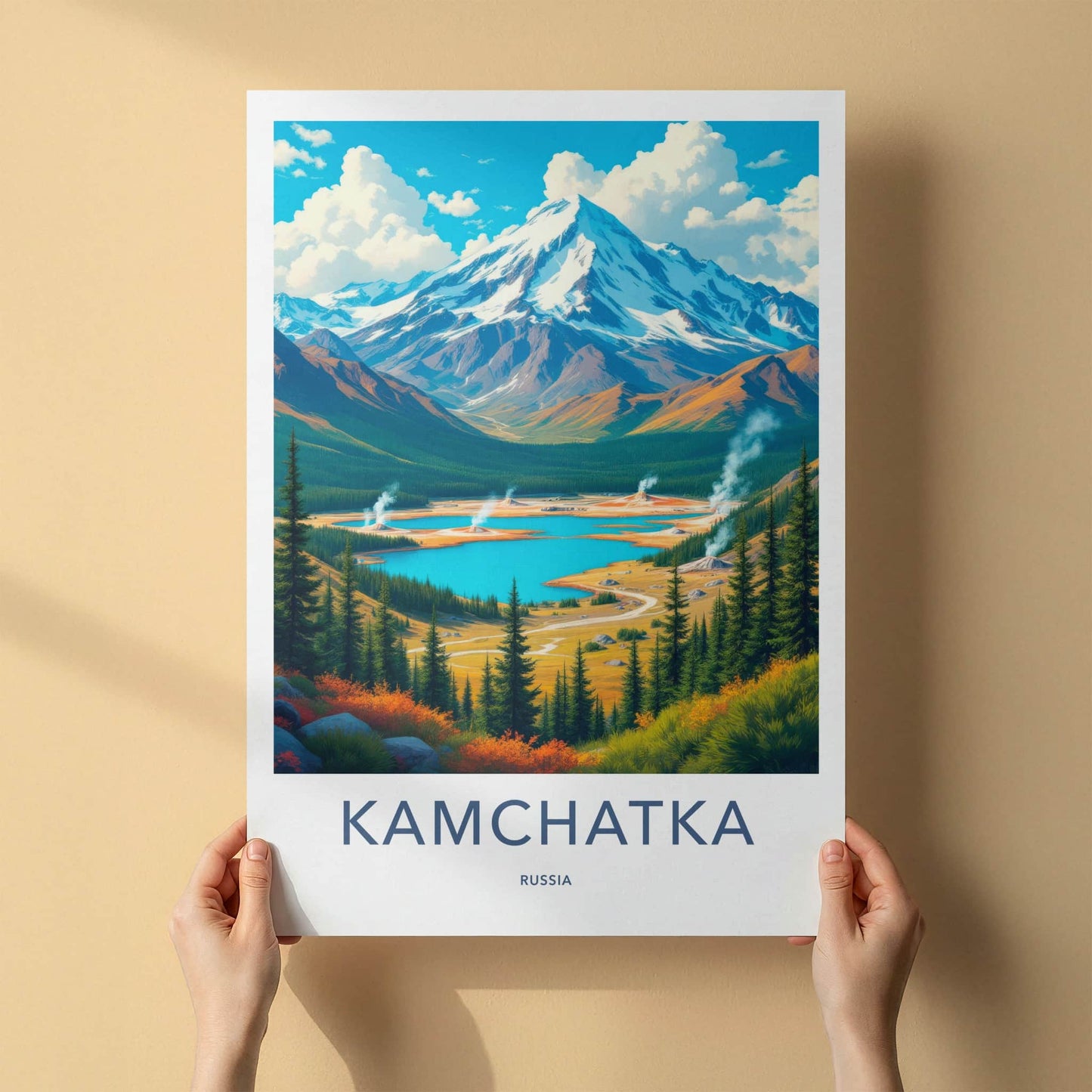 Kamchatka Poster - Russia Travel Art - Snowy Peak Geysers Home Decor