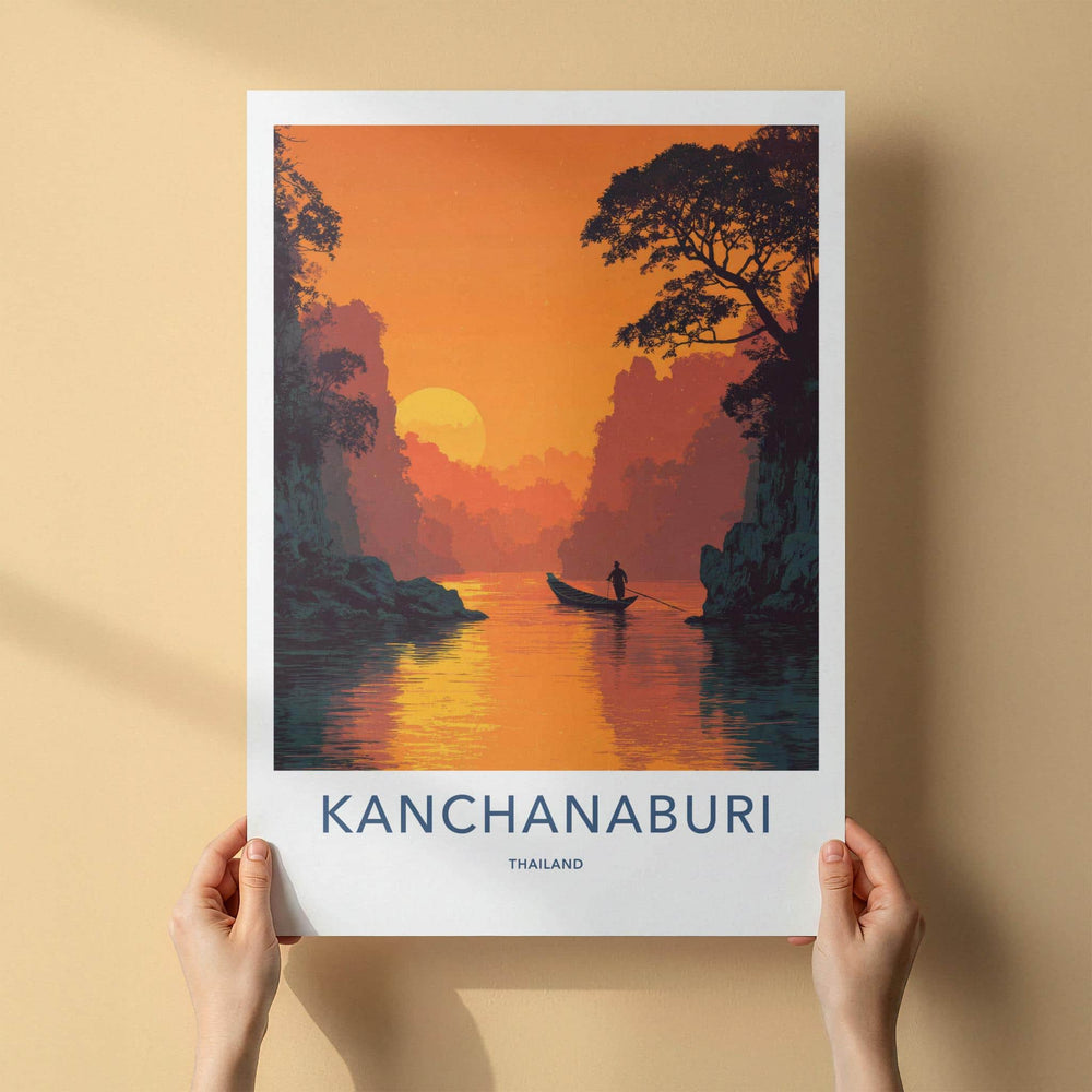 Kanchanaburi Poster - Thailand Travel Art - Sunset River Boat Home Decor