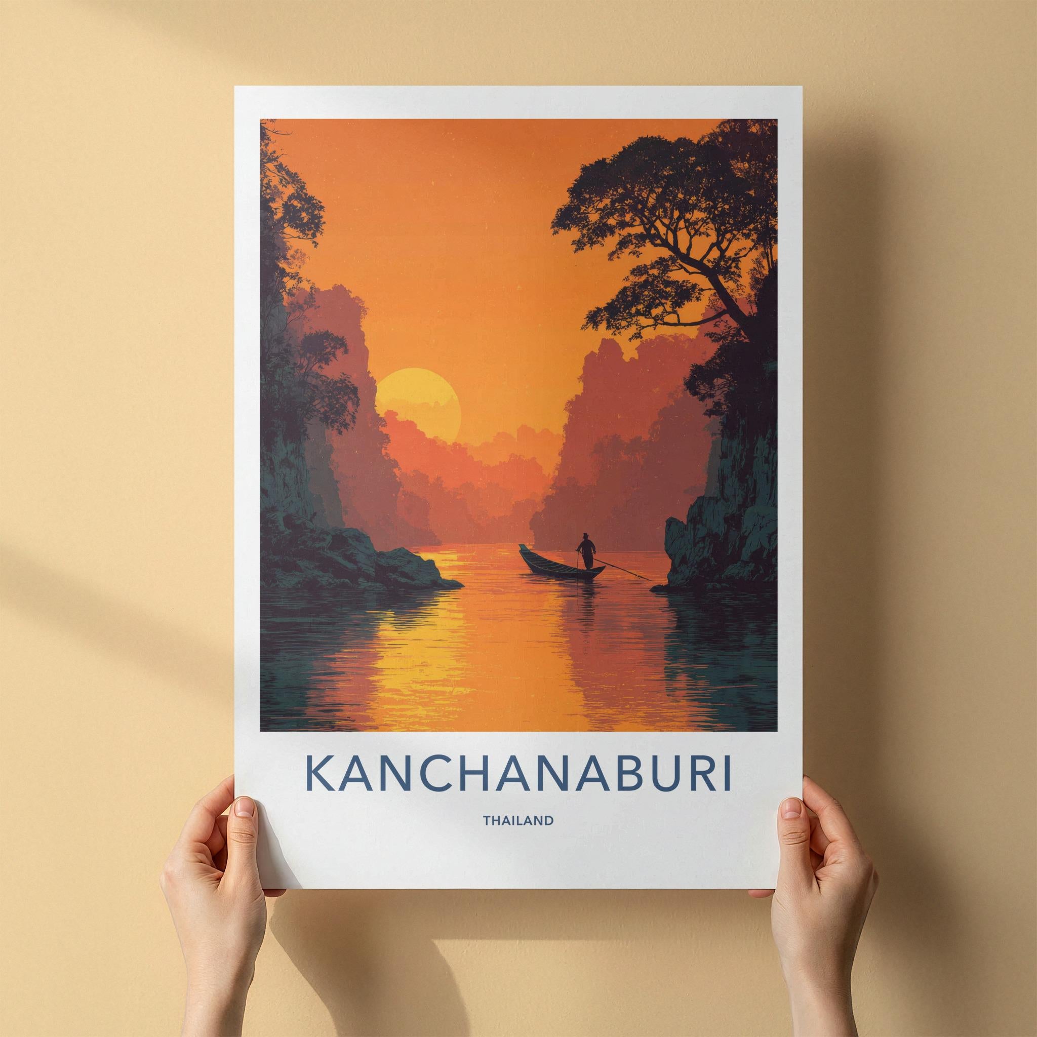 Kanchanaburi Poster - Thailand Travel Art - Sunset River Boat Home Decor