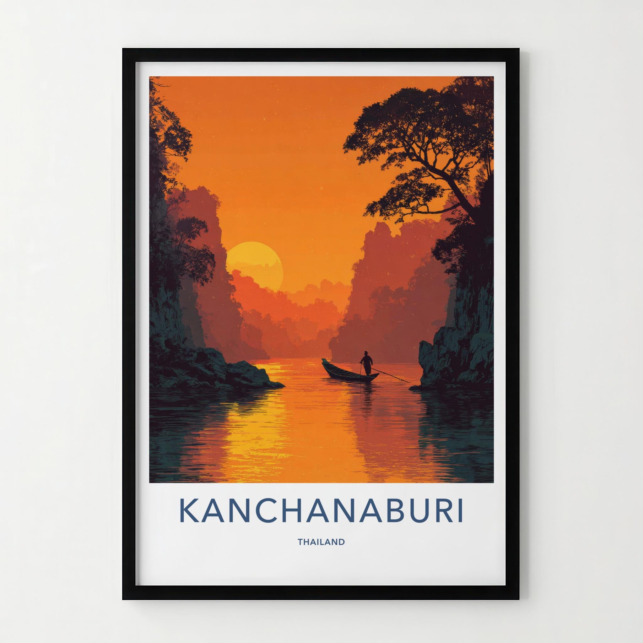 Kanchanaburi Poster - Thailand Travel Art - Sunset River Boat Home Decor