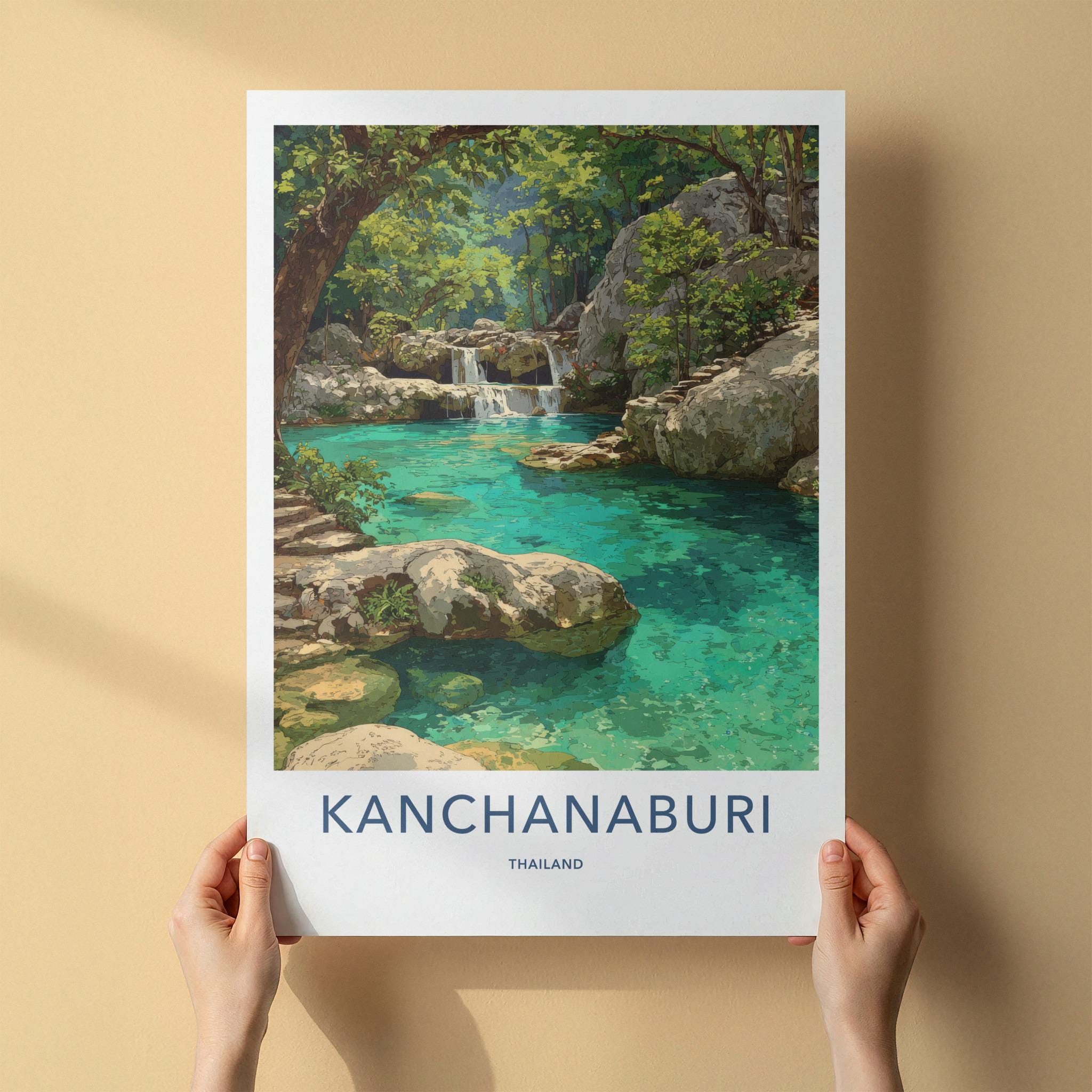 Kanchanaburi Poster - Thailand Wall Art - Lush Jungle Waterfall Home Decor