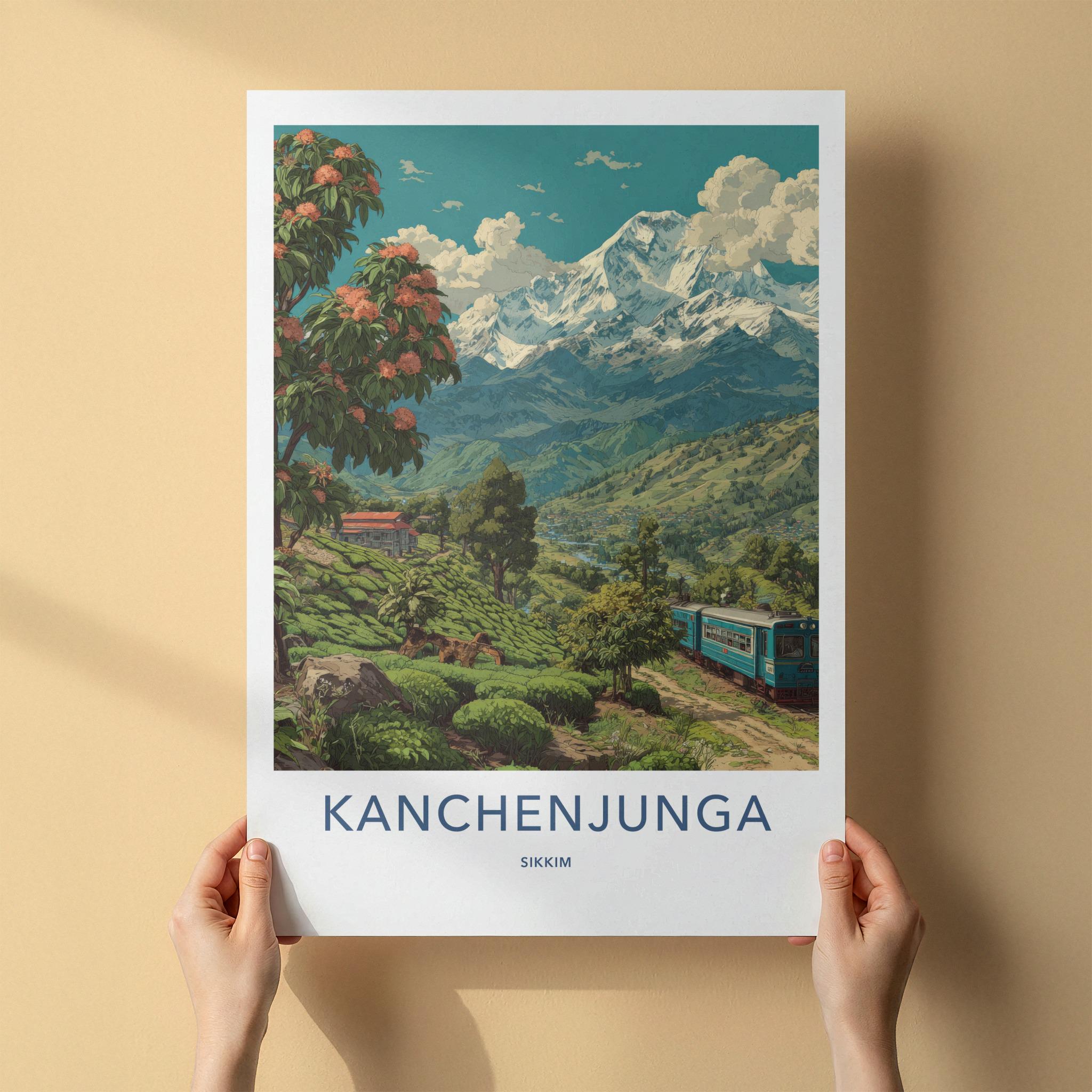 Kanchenjunga Poster - India Travel Art - Sikkim Mountain Train Home Decor