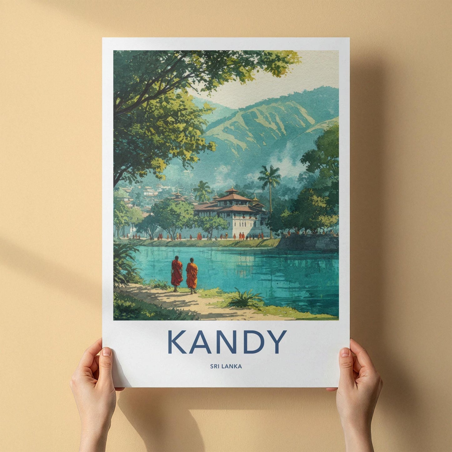 Kandy Poster - Sri Lanka Travel Print - Buddhist Monastery Waterside Lounge Decor