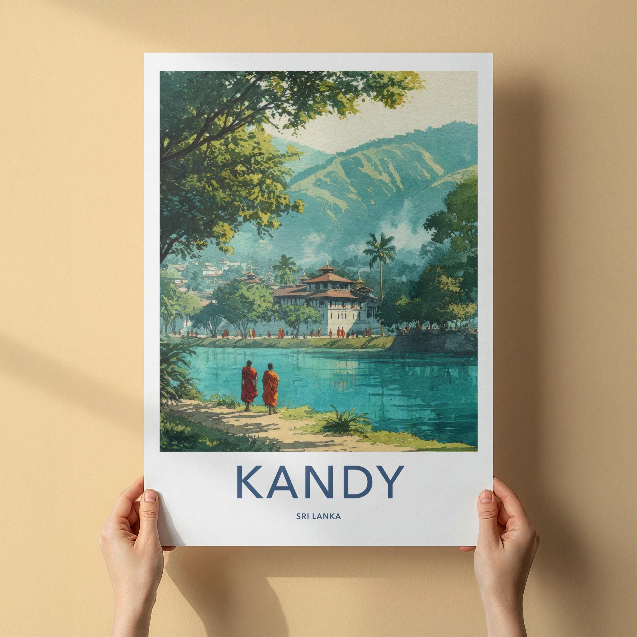 Kandy Poster - Sri Lanka Travel Print - Buddhist Monastery Waterside Lounge Decor