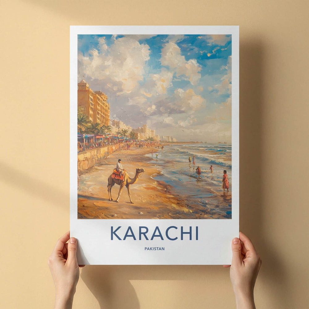 Karachi Poster - Pakistan Travel Art - Camel Rider Beach Home Decor