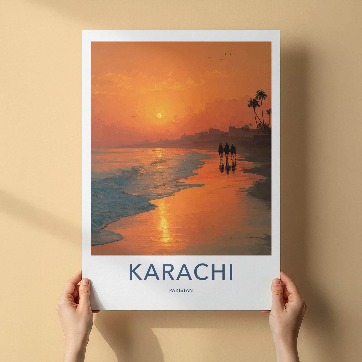 Karachi Poster - Pakistan Travel Art - Camel Riders Sunset Home Decor