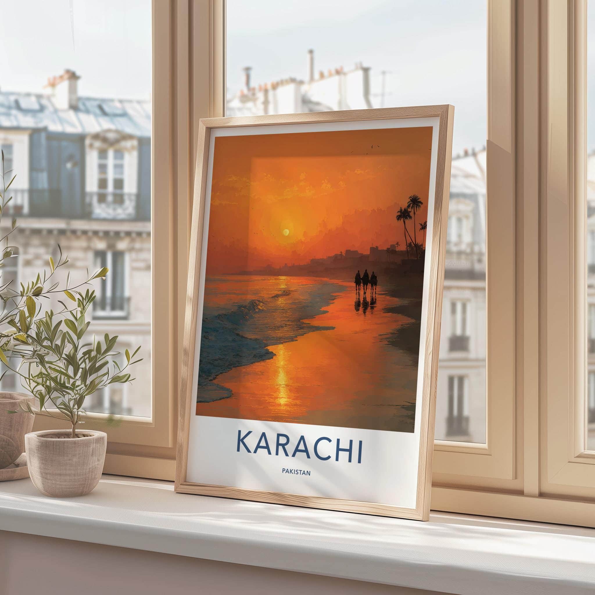 Karachi Poster - Pakistan Travel Art - Camel Riders Sunset Home Decor