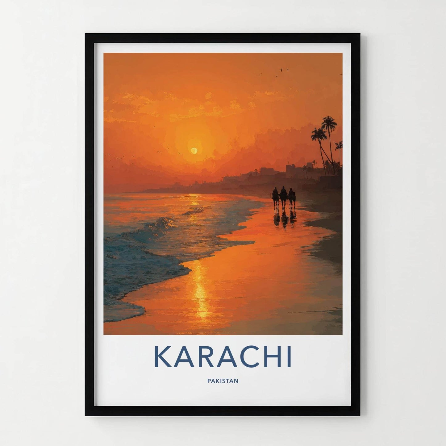 Karachi Poster - Pakistan Travel Art - Camel Riders Sunset Home Decor
