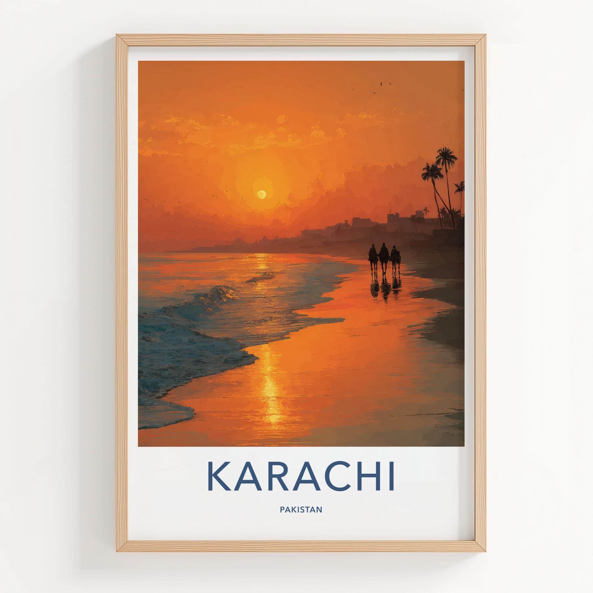 Karachi Poster - Pakistan Travel Art - Camel Riders Sunset Home Decor