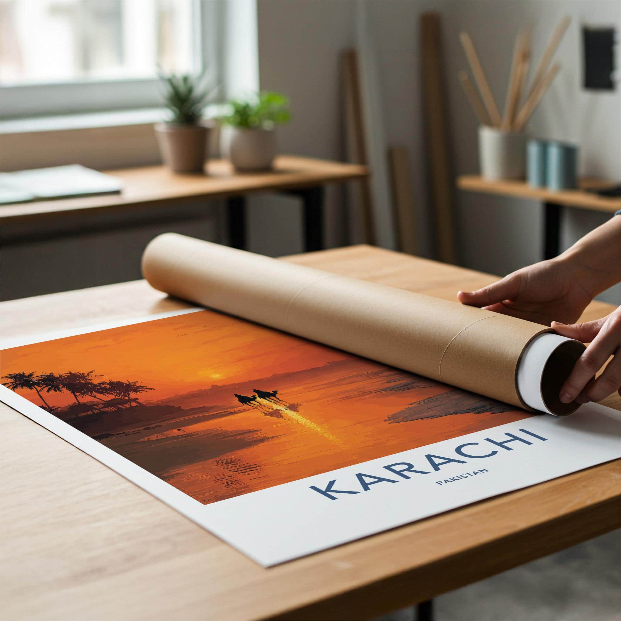 Karachi Poster - Pakistan Travel Art - Camels Sunset Beach Home Decor
