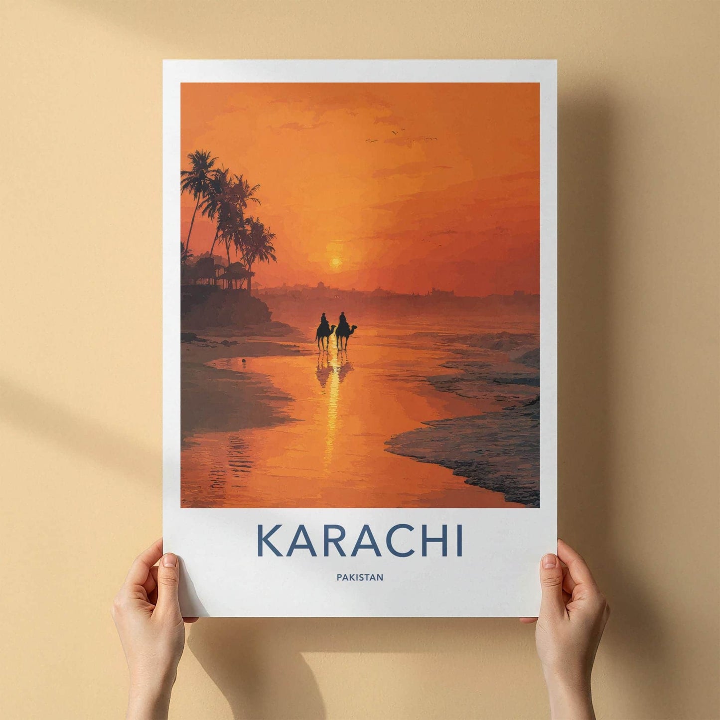 Karachi Poster - Pakistan Travel Art - Camels Sunset Beach Home Decor