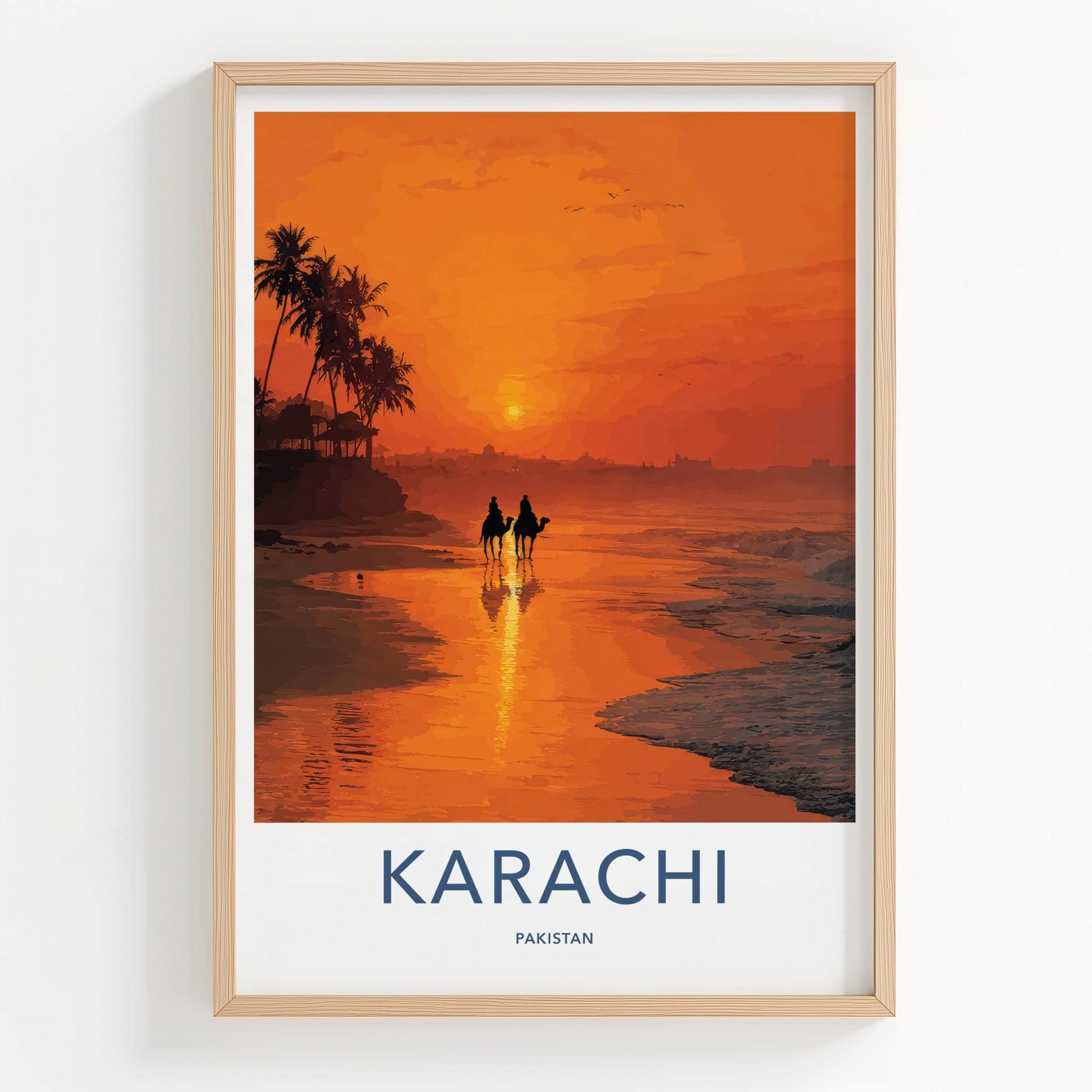 Karachi Poster - Pakistan Travel Art - Camels Sunset Beach Home Decor