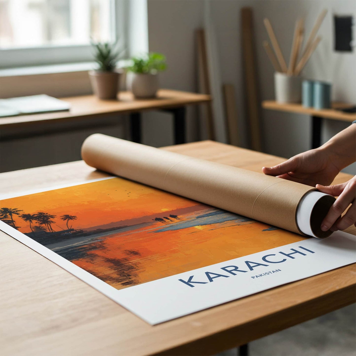 Karachi Poster - Pakistan Travel Art - Sunset Beach Camels Home Decor