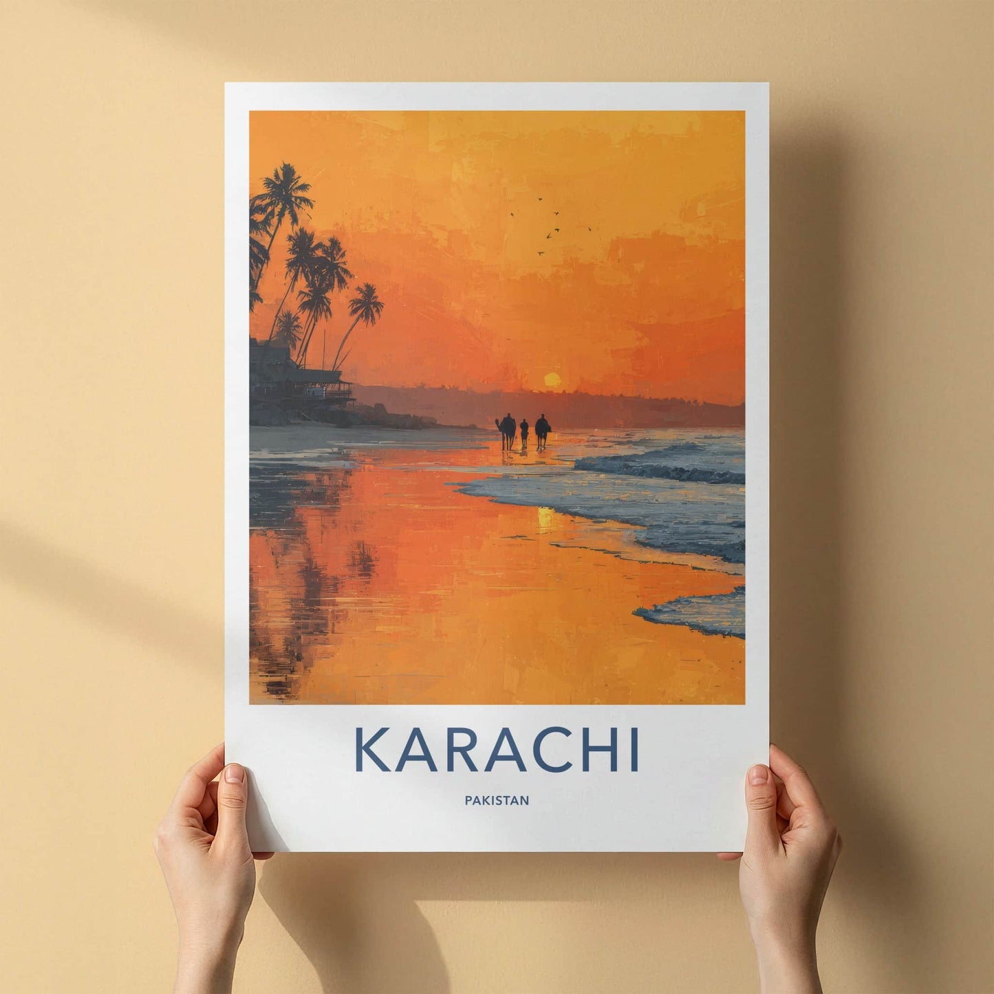 Karachi Poster - Pakistan Travel Art - Sunset Beach Camels Home Decor