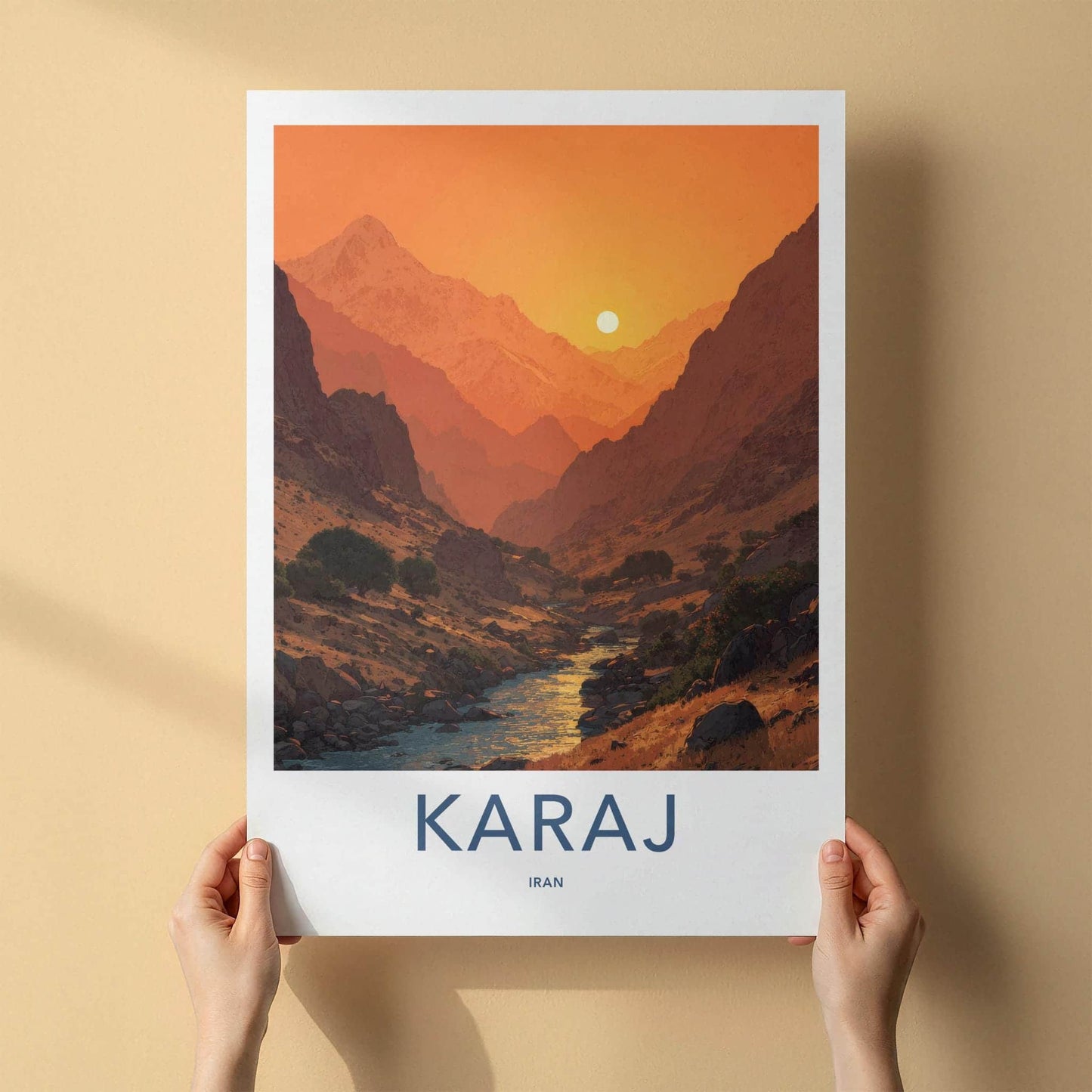 Karaj Poster - Iran Travel Art - Mountain River Sunset Home Decor