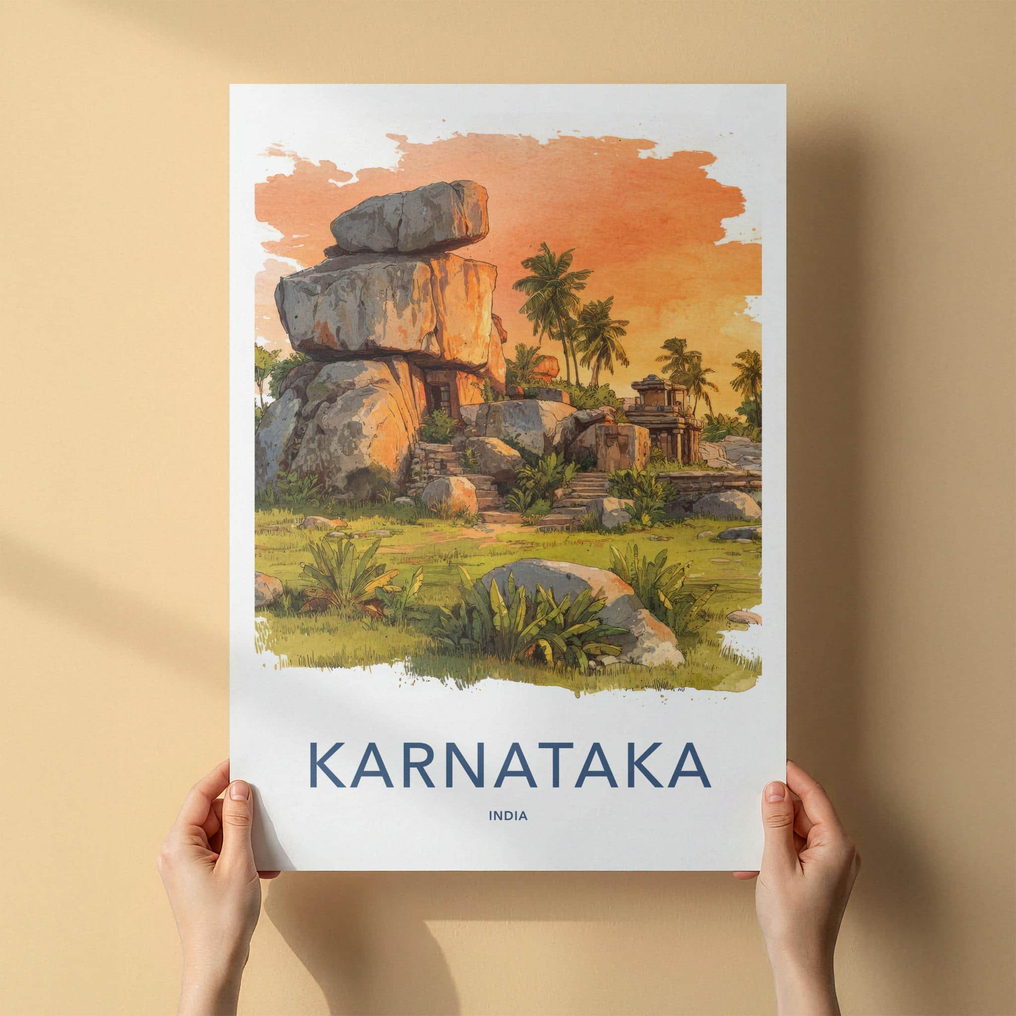 Karnataka Poster - India Travel Art - Karnataka Ancient Stone Temple Home Decor