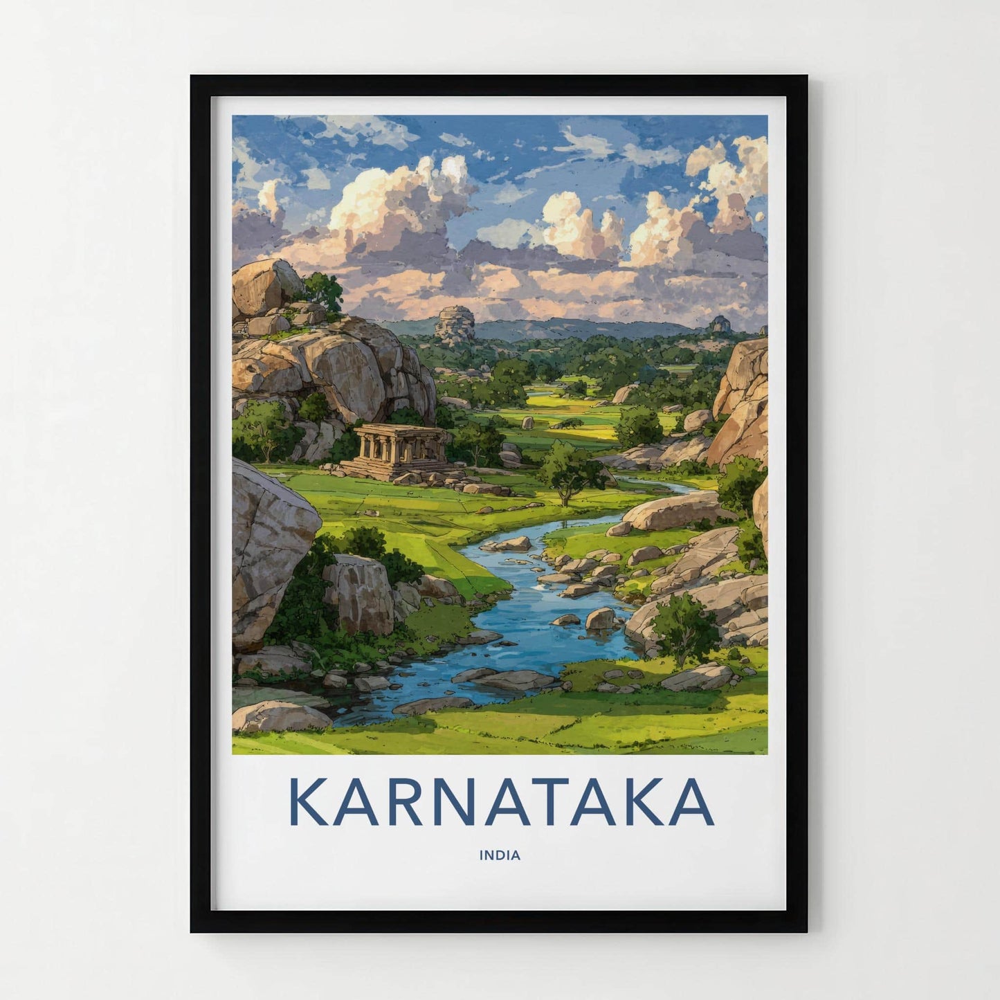Karnataka Poster - India Travel Art - Karnataka Ancient Temple River Home Decor