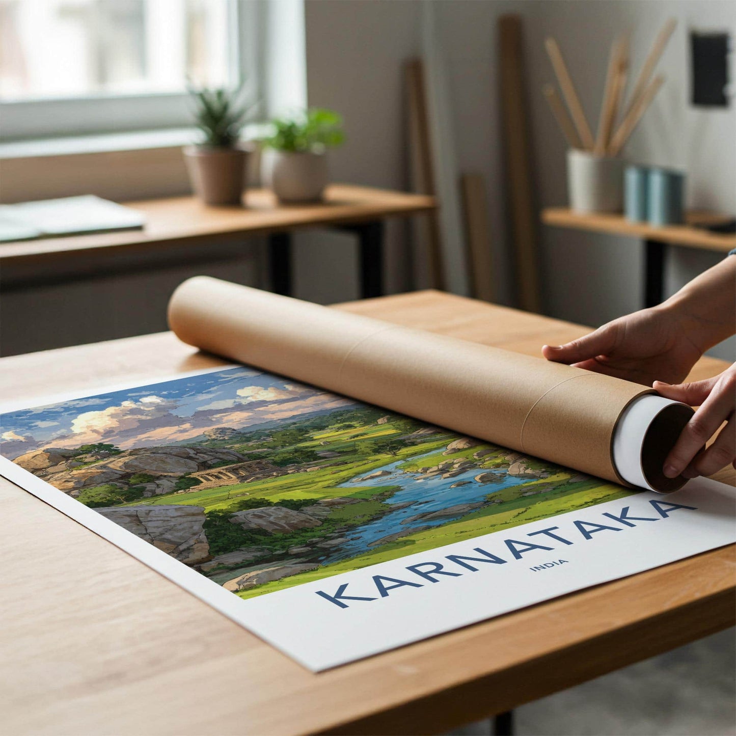 Karnataka Poster - India Travel Art - Karnataka Ancient Temple River Home Decor
