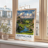 Karnataka Poster - India Travel Art - Karnataka Ancient Temple River Home Decor