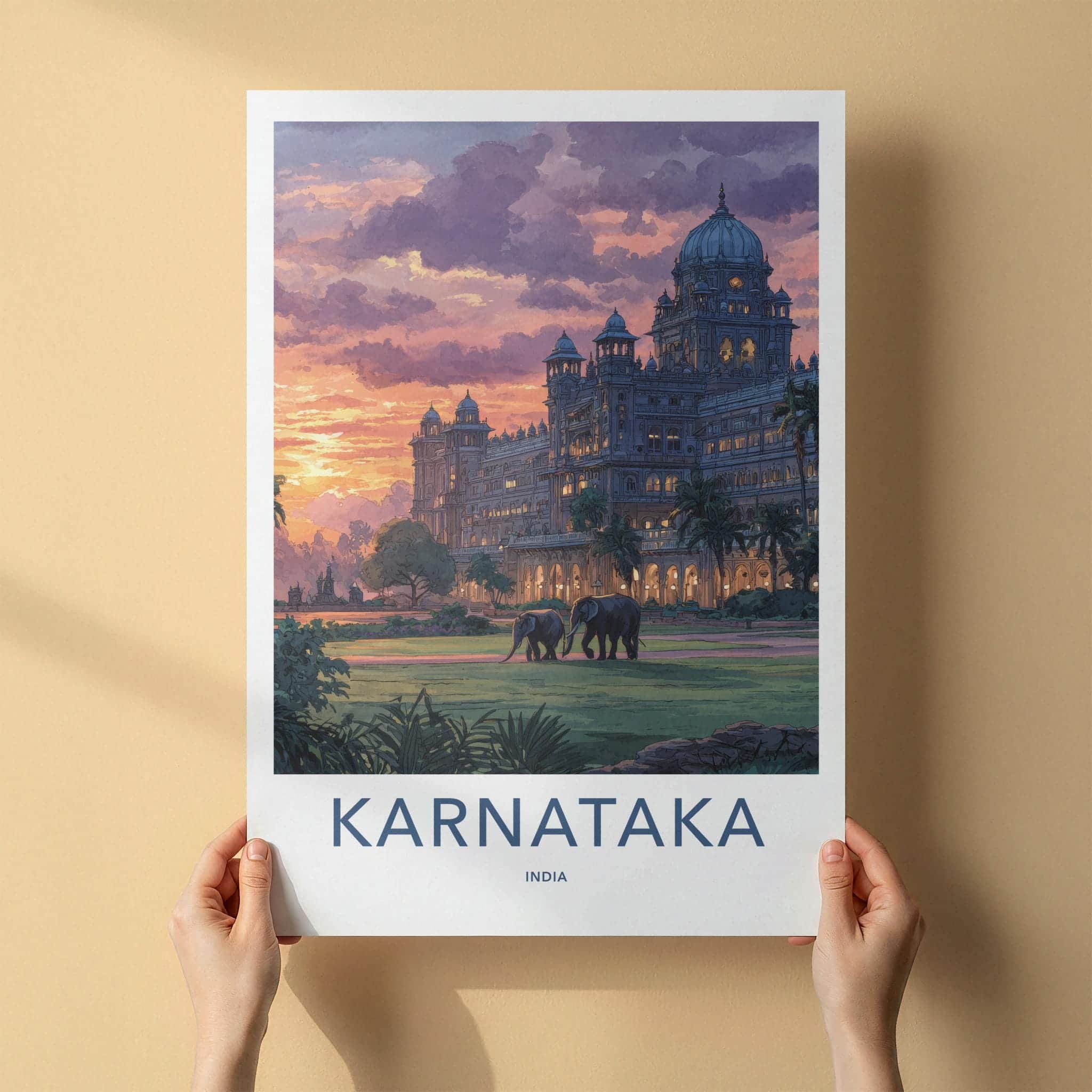 Karnataka Poster - India Travel Art - Karnataka Dusk Palace Elephants Home Decor