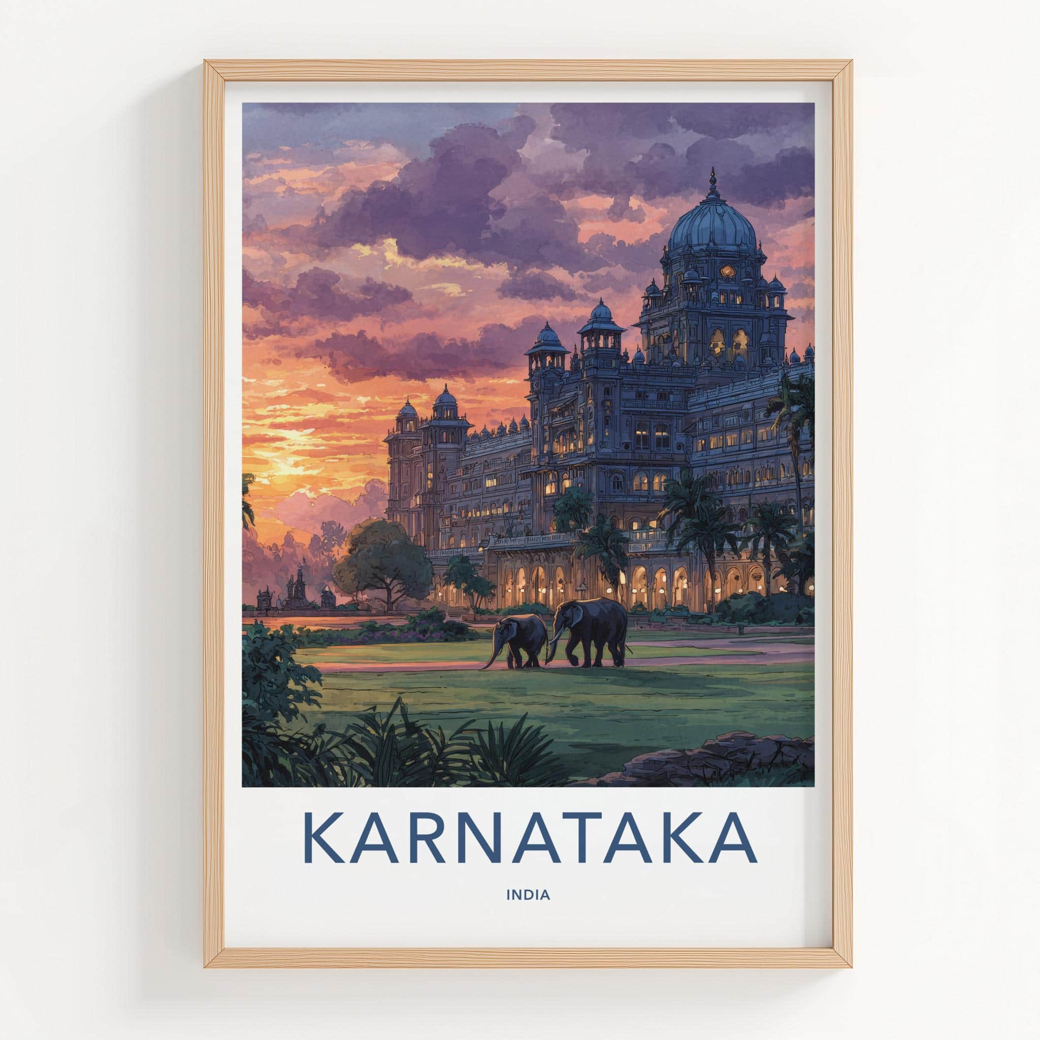 Karnataka Poster - India Travel Art - Karnataka Dusk Palace Elephants Home Decor